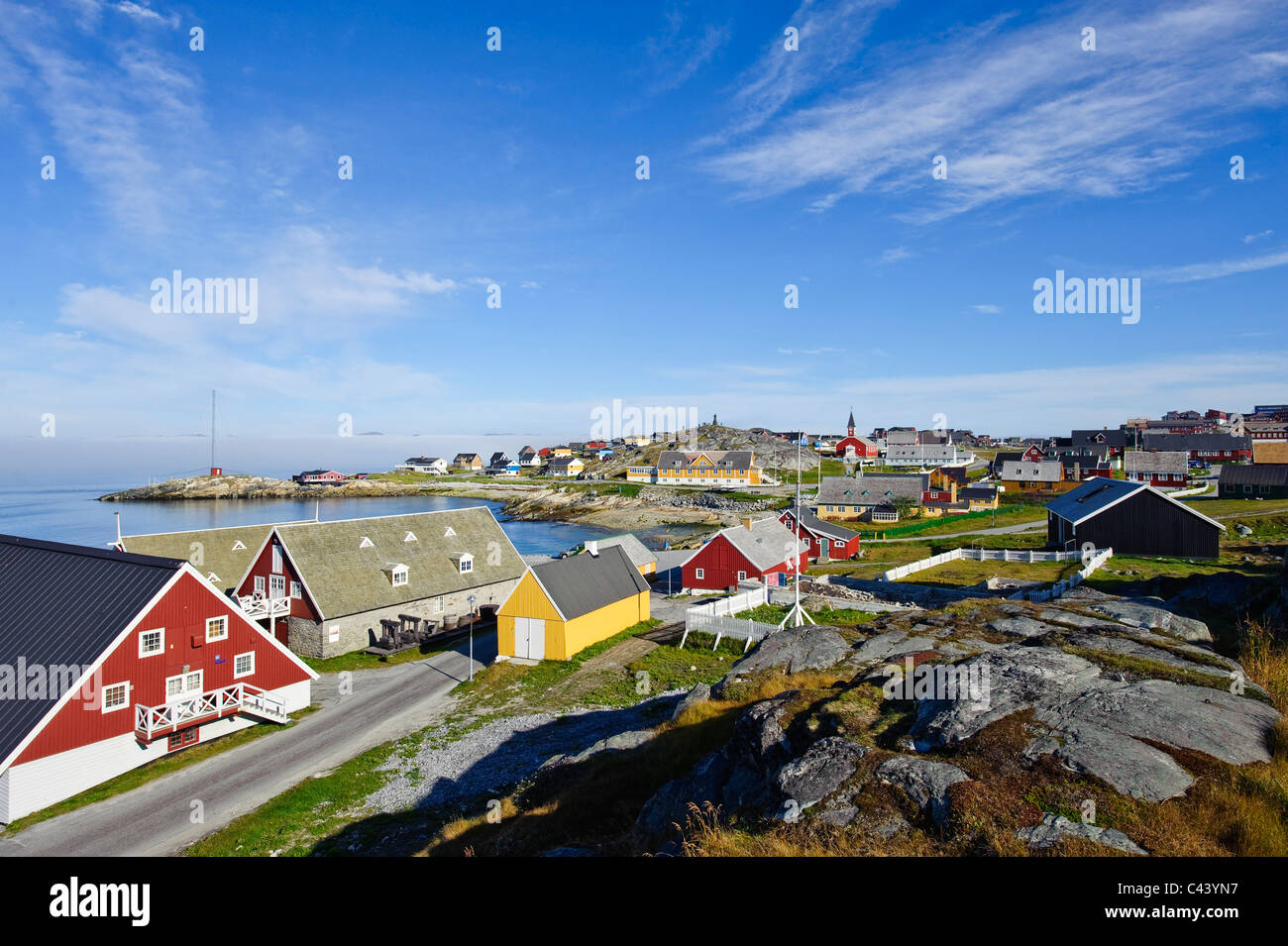 Grönland, Europa, Westküste, Nuuk, Hauptstadt, Stadt, Stadt, Häuser, Wohnungen, hell, Farben, Küste Stockfoto