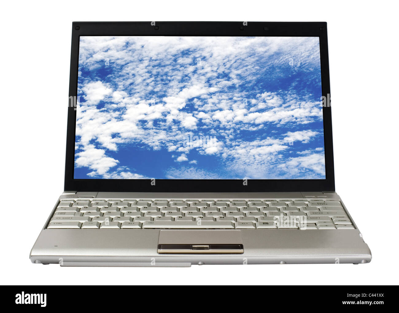 Vorderansicht eines Laptops isoliert auf weißem Hintergrund Stockfoto