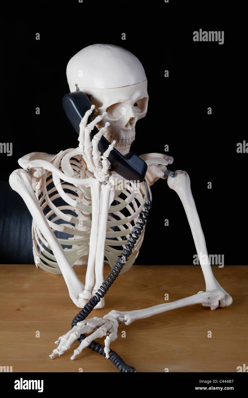 Ein Skelett mit einem Festnetztelefon Stockfoto