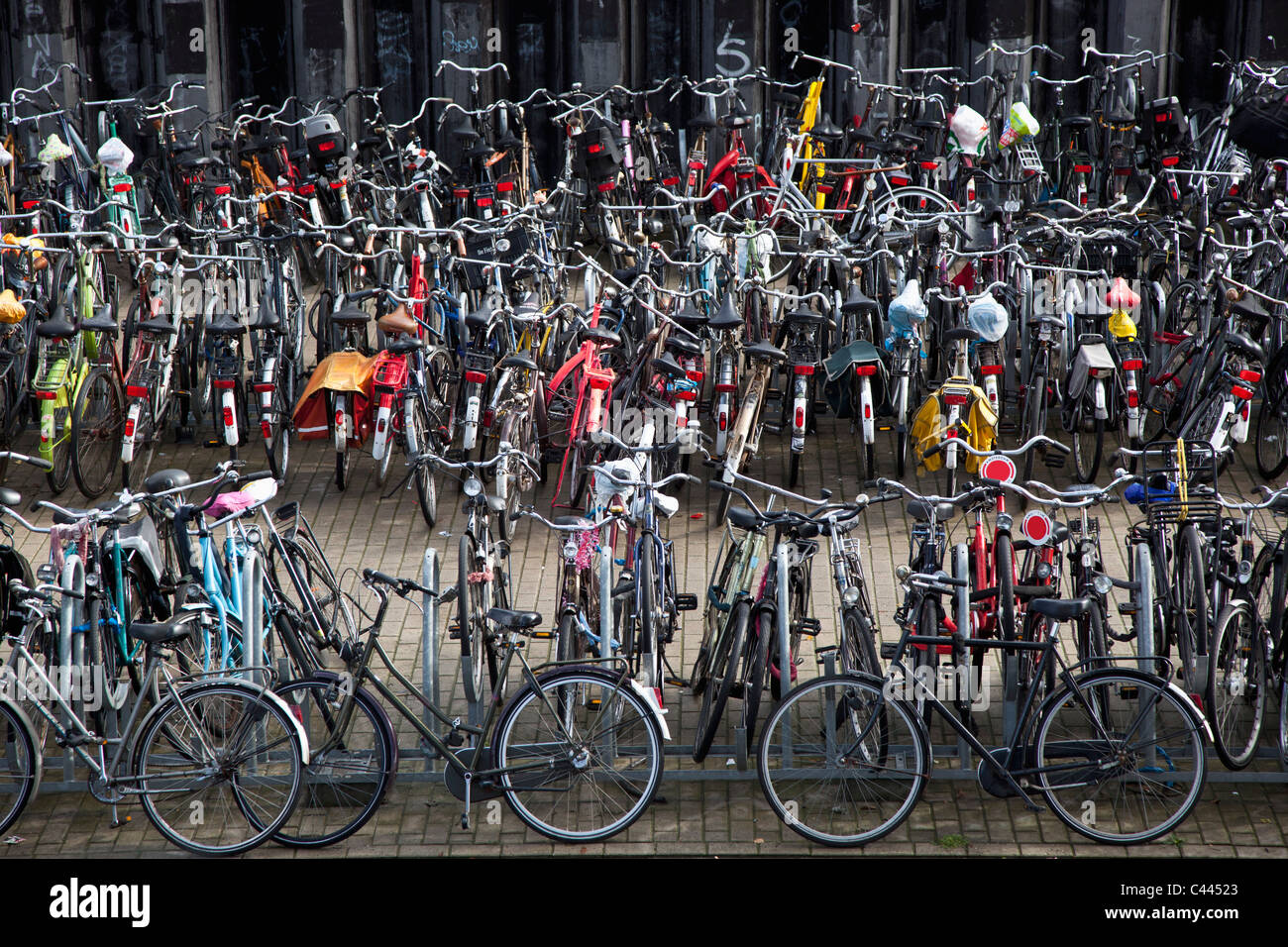 Eine große Gruppe von abgestellten Fahrrädern Stockfoto