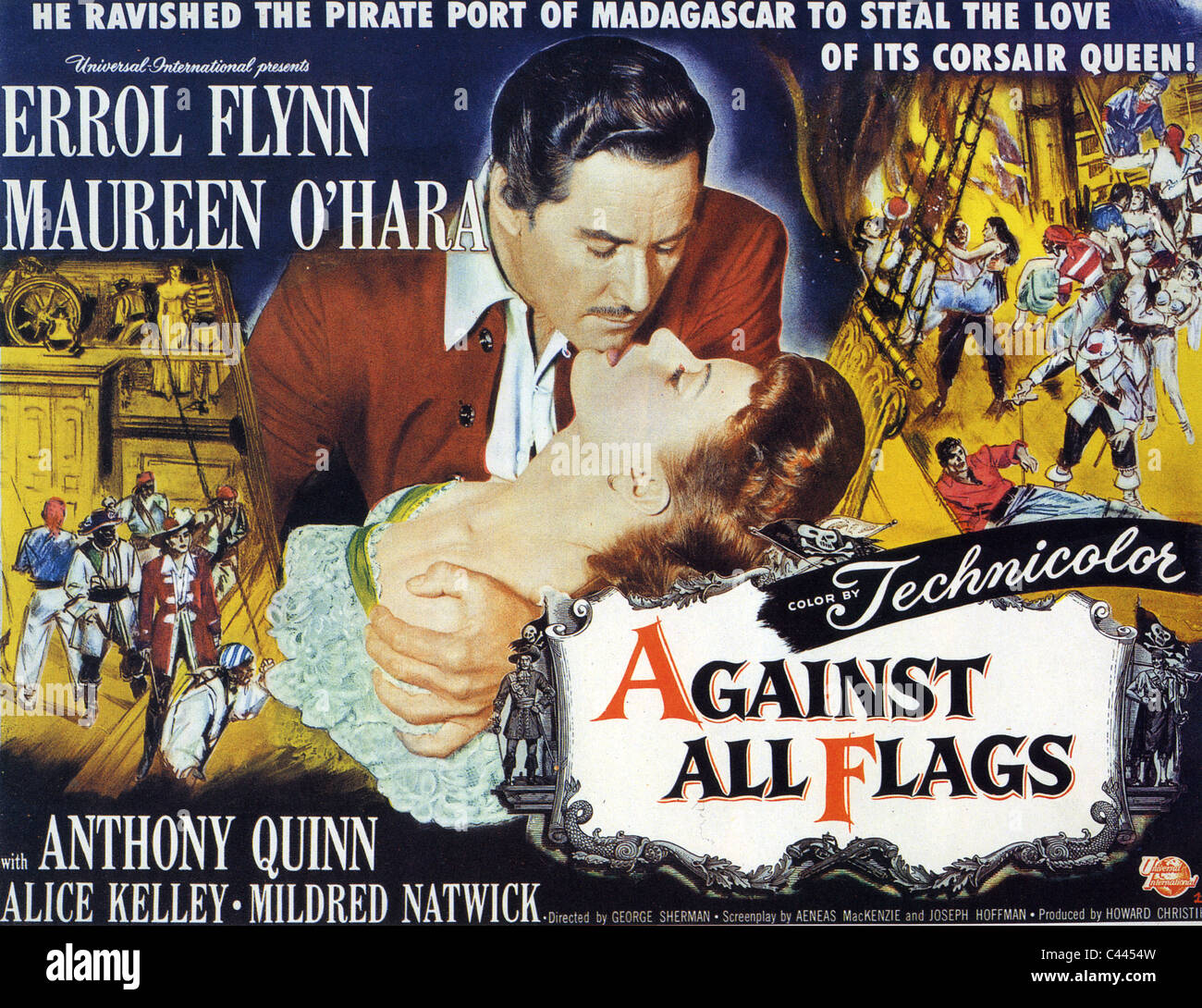 GEGEN alle Flaggen 1952 Poster für Universal International Film mit Errol Flynn und Maureen O'Hara Stockfoto