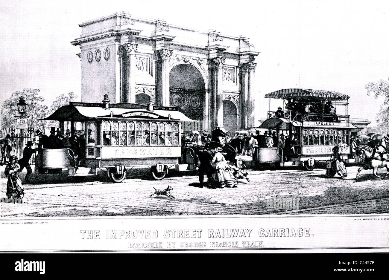GEORGE FRANCIS TRAIN (1829-1904) uns exzentrischen wer entwarf diesen Pferden gezogenen Straßenbahnen gezeigt am Marble Arch, London, 1861 Stockfoto