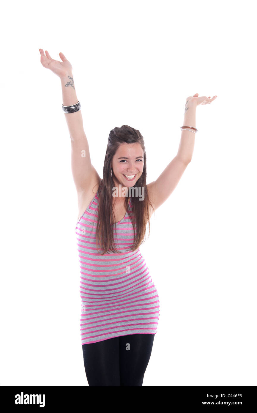 Studioaufnahme, Release, Ausschnitt, Hintergrund, weiß, Porträt, Mädchen, Lächeln, lachen, Arm Reifen, Tattoo, Tätowierung, Arme an der Spitze, Freude, Le Stockfoto