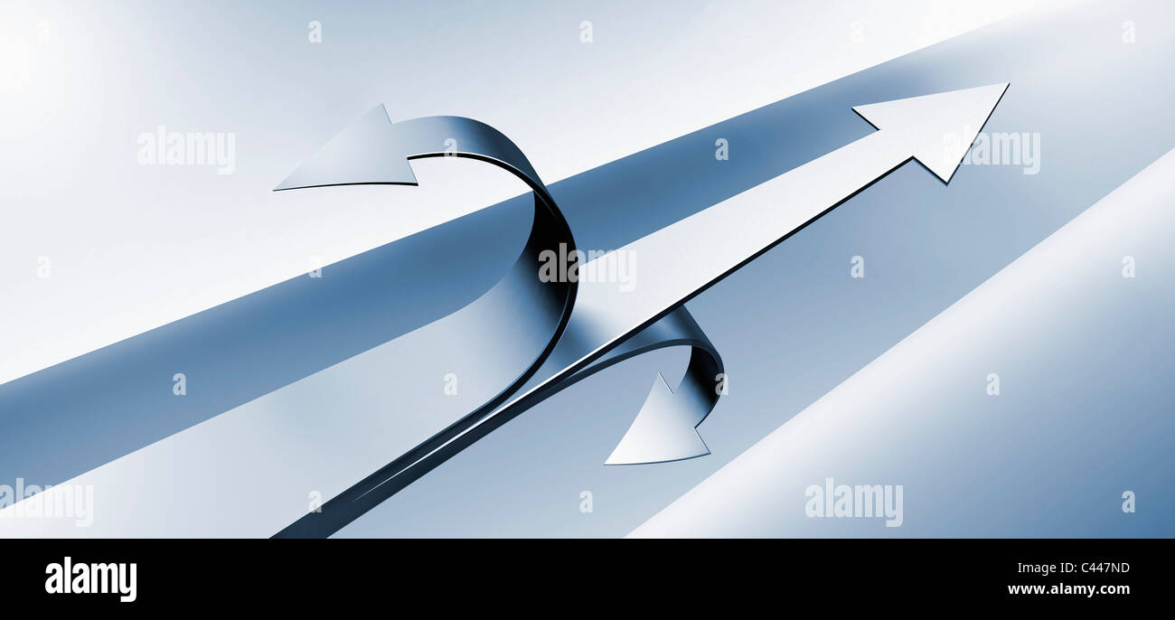 Ein schwarzer Pfeil peeling entfernt ein grauer Pfeil vorwärts Stockfoto