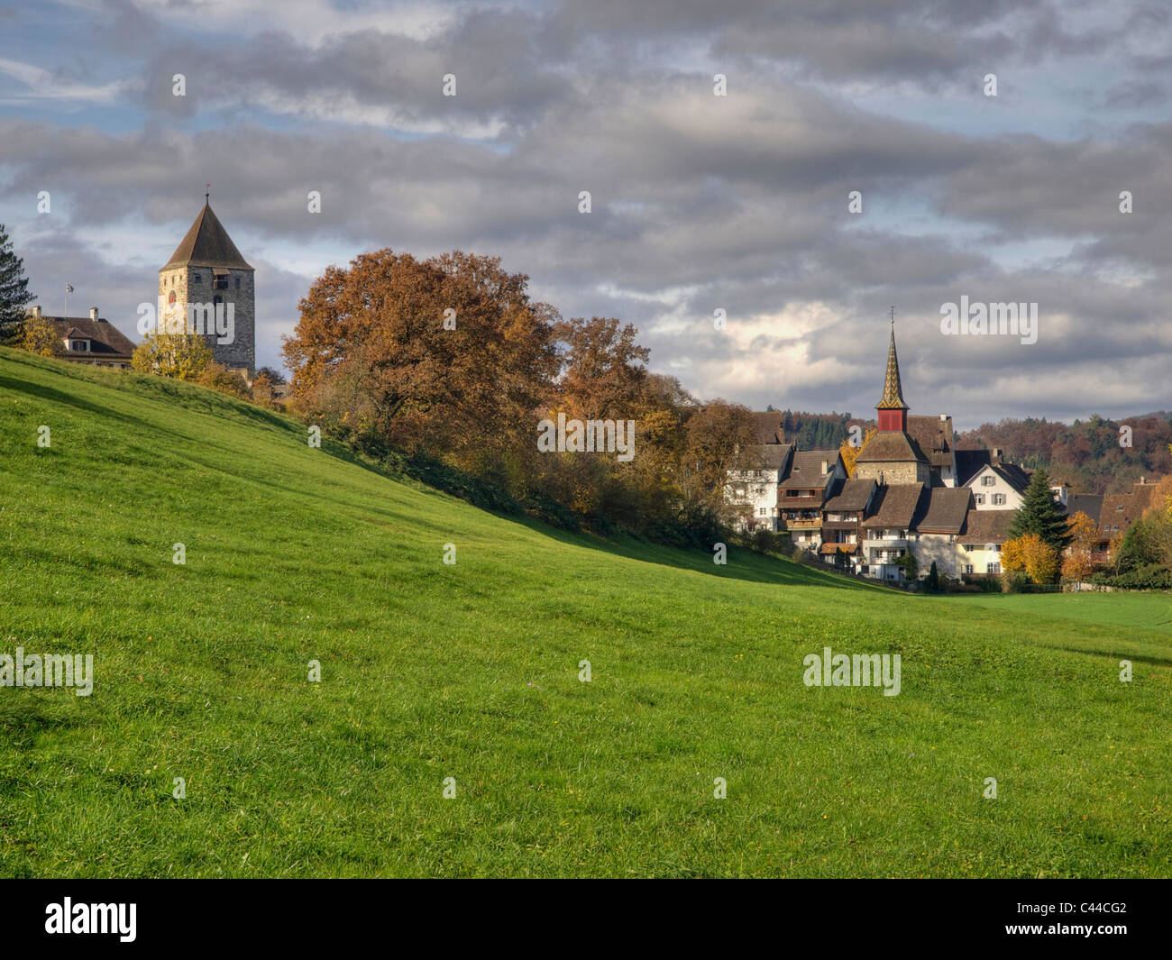 Schweiz, Herbst, Kaiserstuhl, Rhein, Wiese, Wolken, Rhein, Kanton Aargau Stockfoto