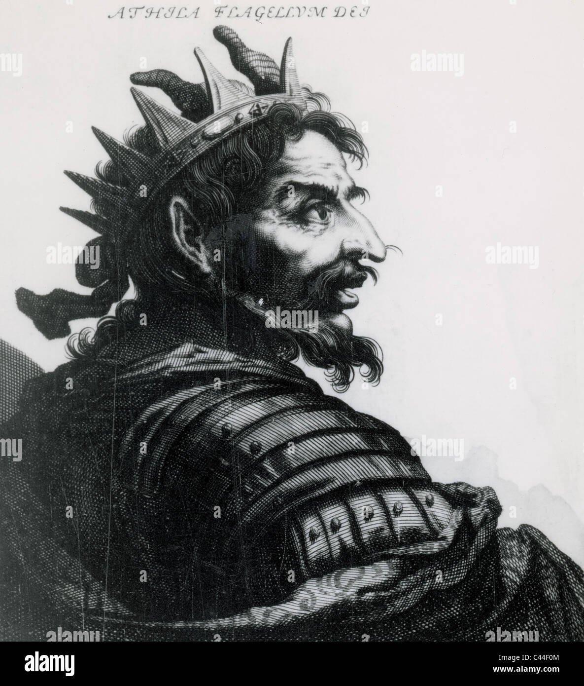 Attila (ca. 385-453). Herrscher der Hunnen (434-453). Porträt. Gravur. Stockfoto