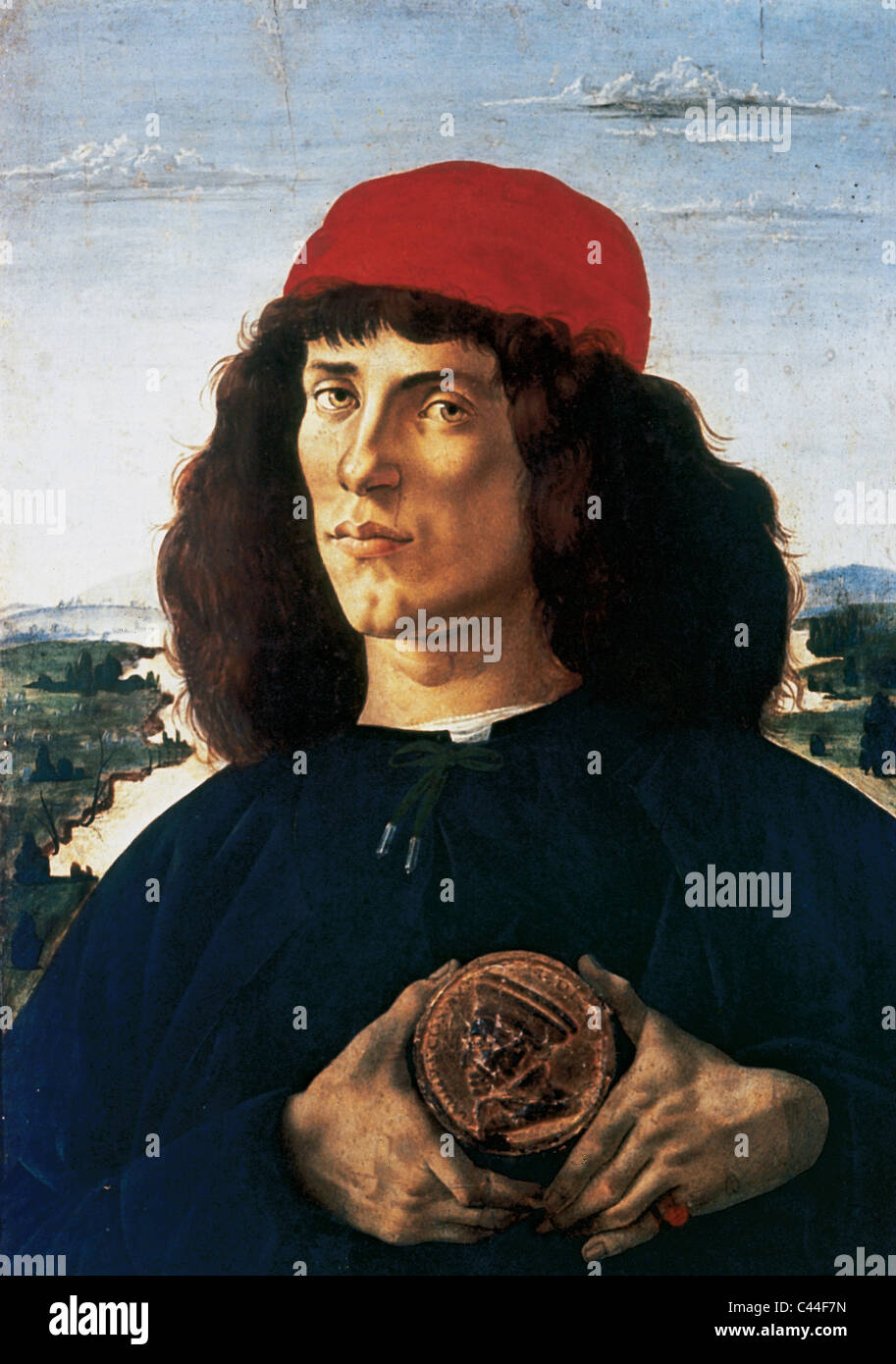 Sandro Botticelli (1445-1510). Porträt eines Mannes mit einer Medaille von Cosimo dem älteren (1475-1476). Die Galerie der Uffizien. Florenz. Italien. Stockfoto
