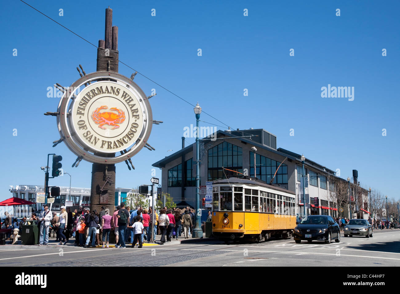 Fishermans Wharf Schild mit Straßenbahn, San Francisco Stockfoto