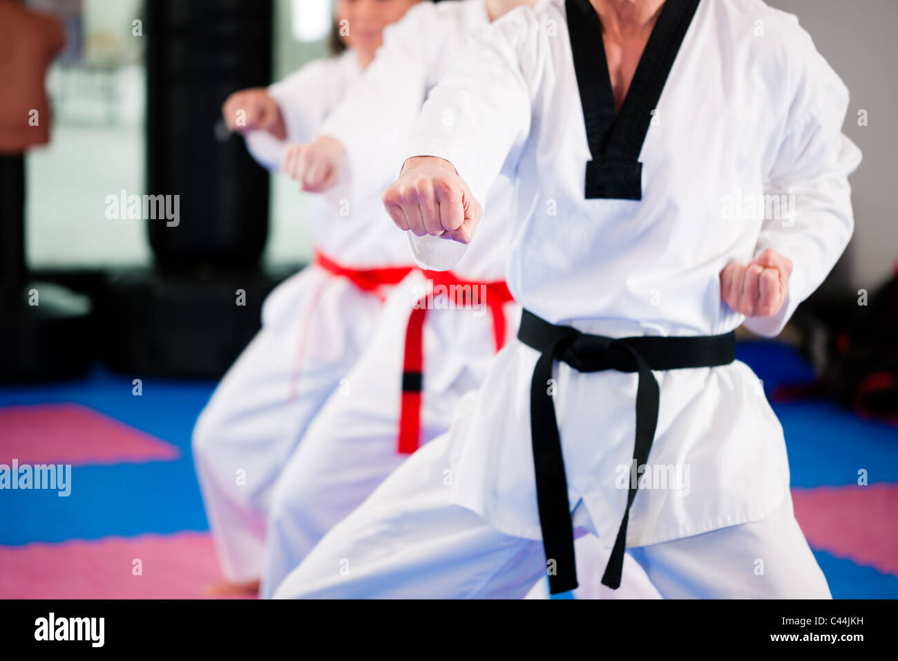Menschen in einer Turnhalle in Kampfkunst Taekwondo, den Trainer zu trainieren hat einen schwarzen Gürtel Stockfoto