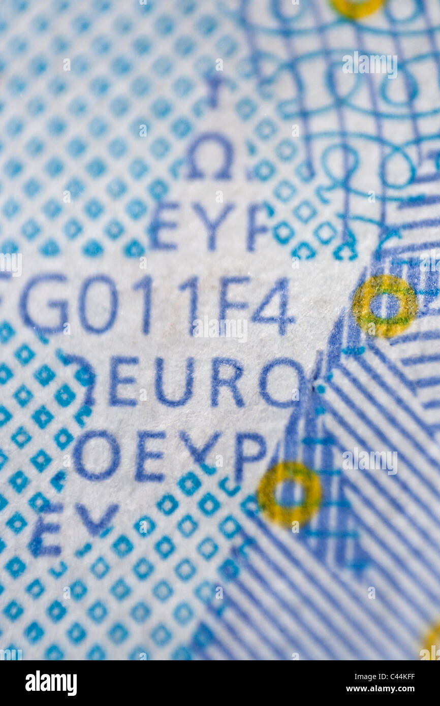20 Euro Banknote Makro - Sicherheitsmaßnahmen gegen Fälschung Stockfoto