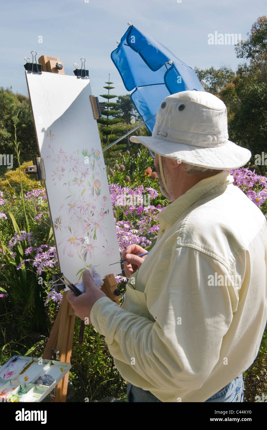 Künstler malen Blumen, Tresco Abbey Gardens, Tresco Insel, Isles of Scilly, Cornwall, England Stockfoto