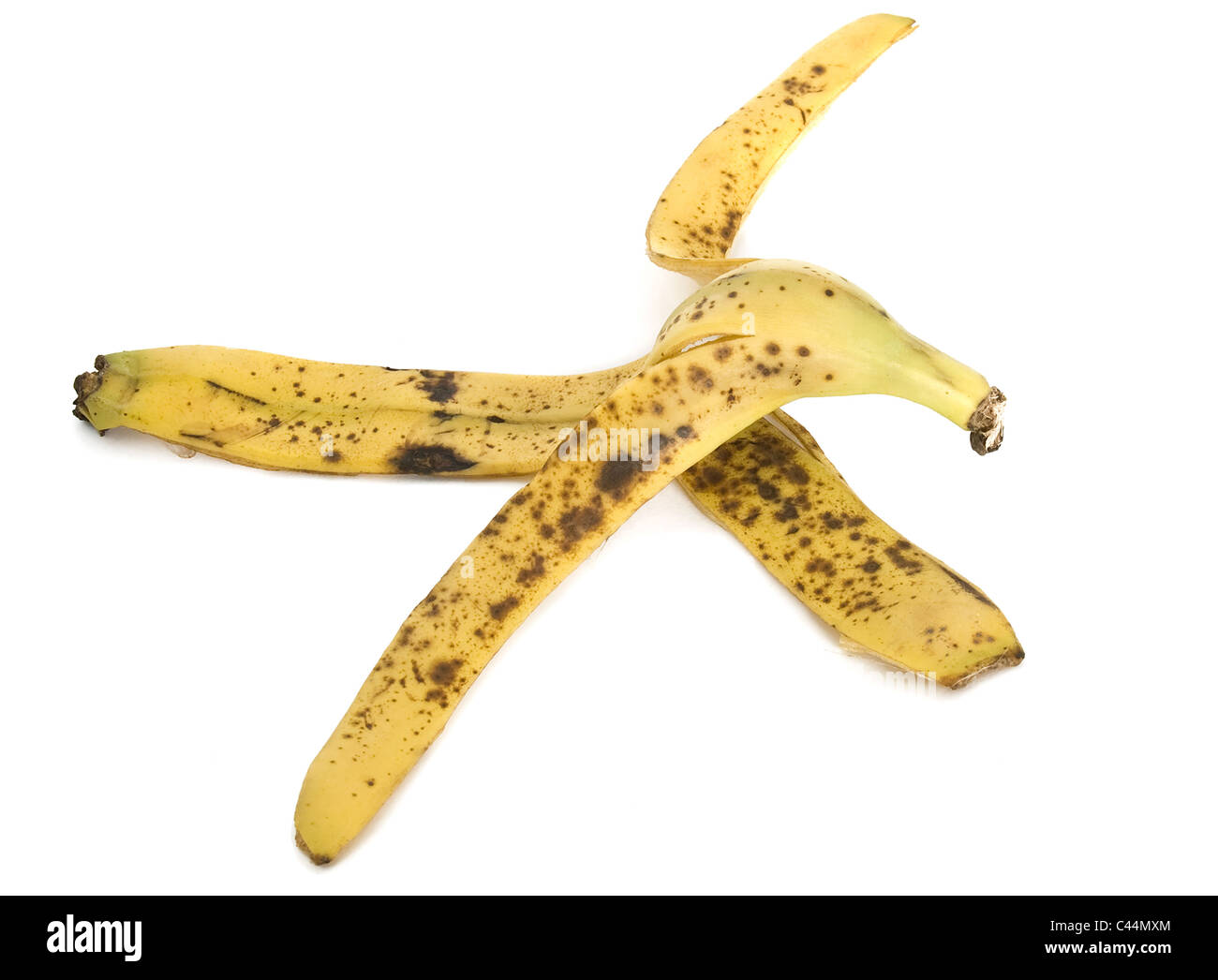 Banane schälen auf weißem Hintergrund Stockfoto