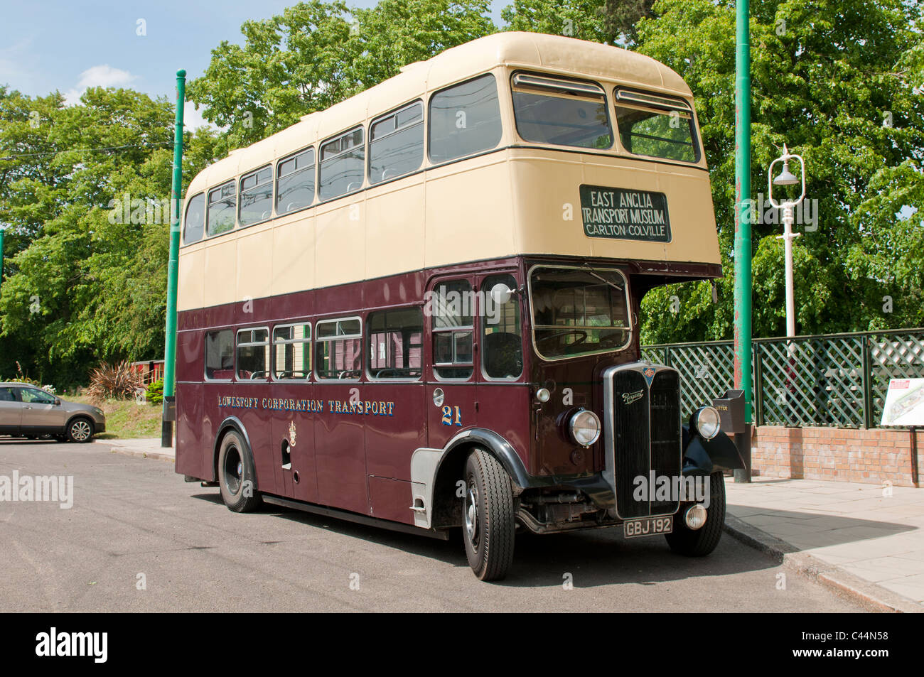 Double Decker Oldtimerbus am East Anglian Verkehrsmuseum UK Vintage transport Stockfoto