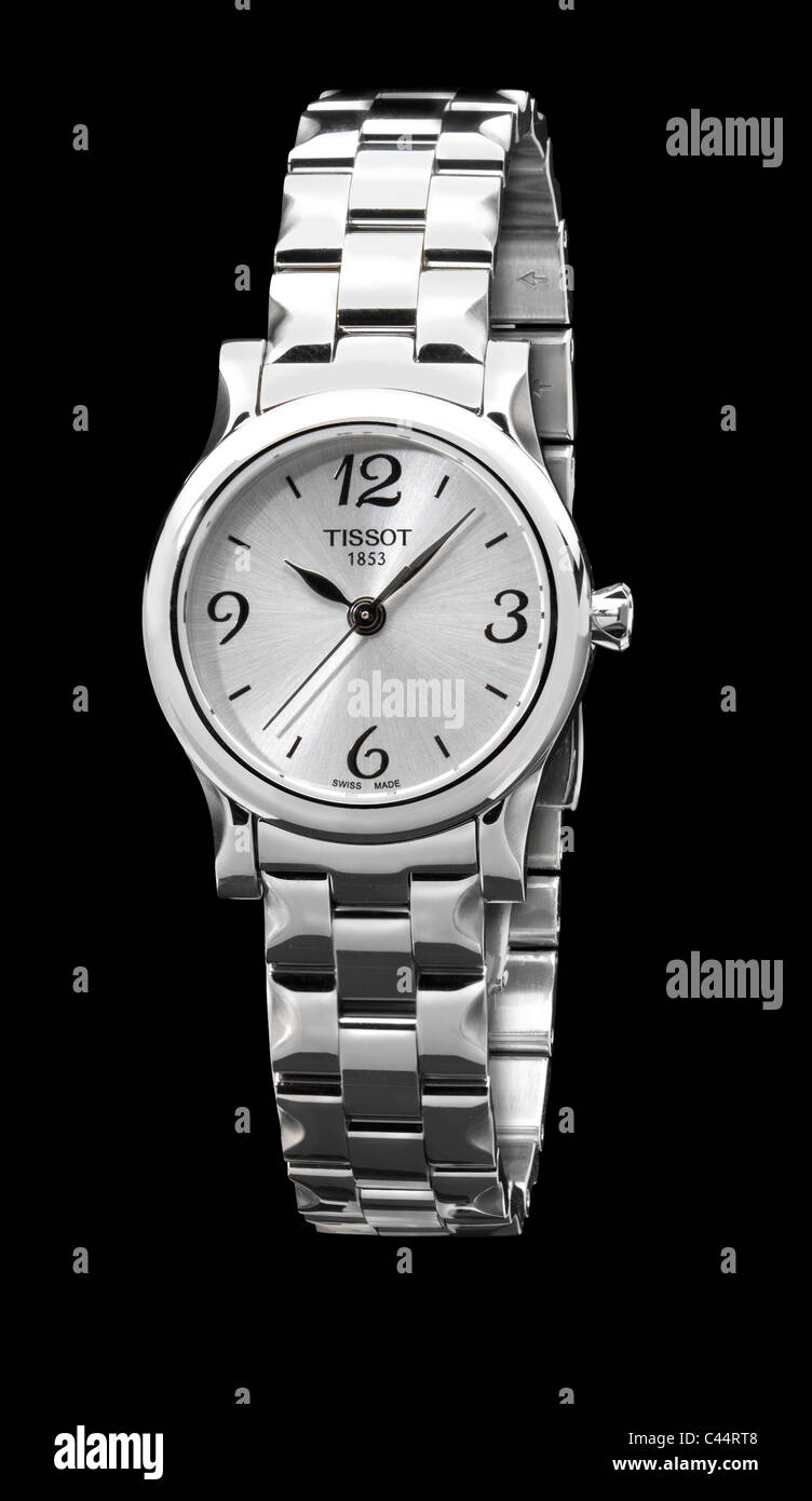 Tissot Damen Metall-Armband-Uhr auf schwarzem Hintergrund Stockfoto