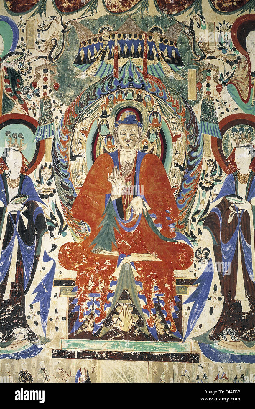 Asien, Buddhist, Höhle, Gemälde, China, Höhlenzeichnungen, Dunhuang, Gansu, Erbe, Urlaub, Wahrzeichen, Mogao Höhlen, Provinz, Reli Stockfoto