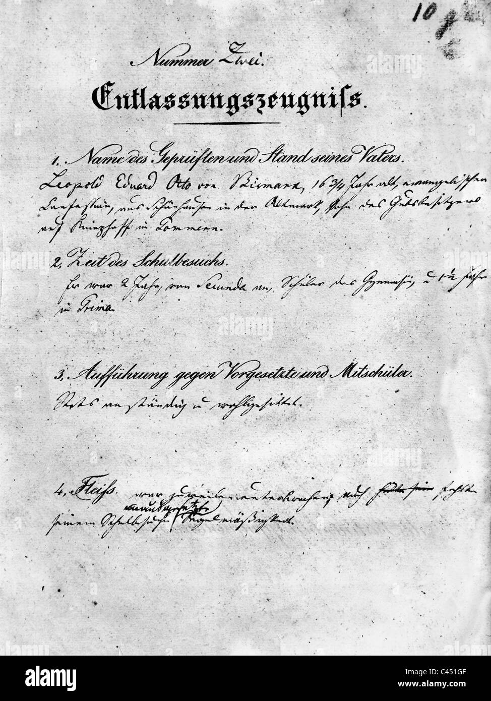 Entlassung Bericht des Otto von Bismarck, 1832 Stockfoto