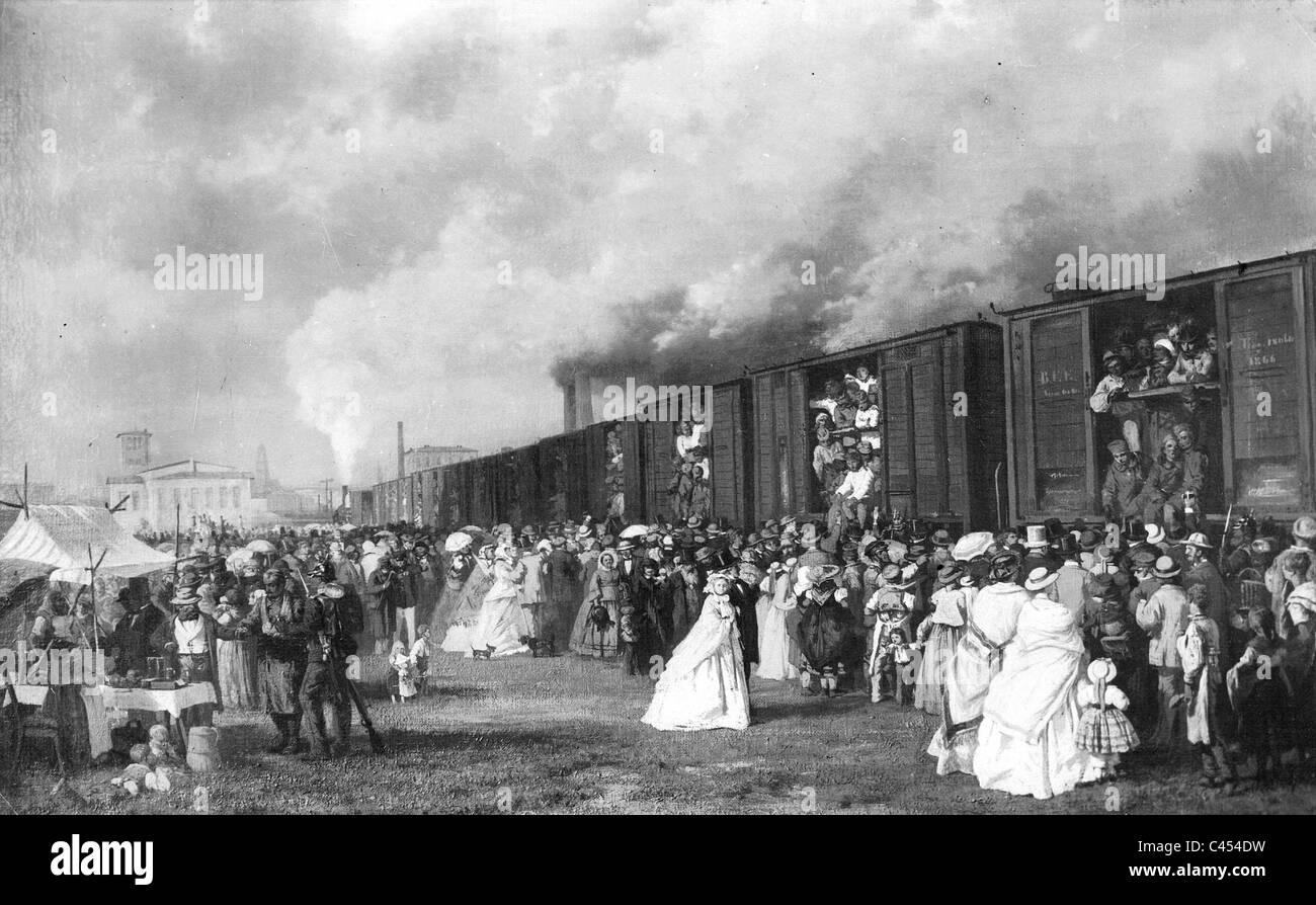 Österreichische Häftlinge am Bahnhof in Breslau, 1866 Stockfoto