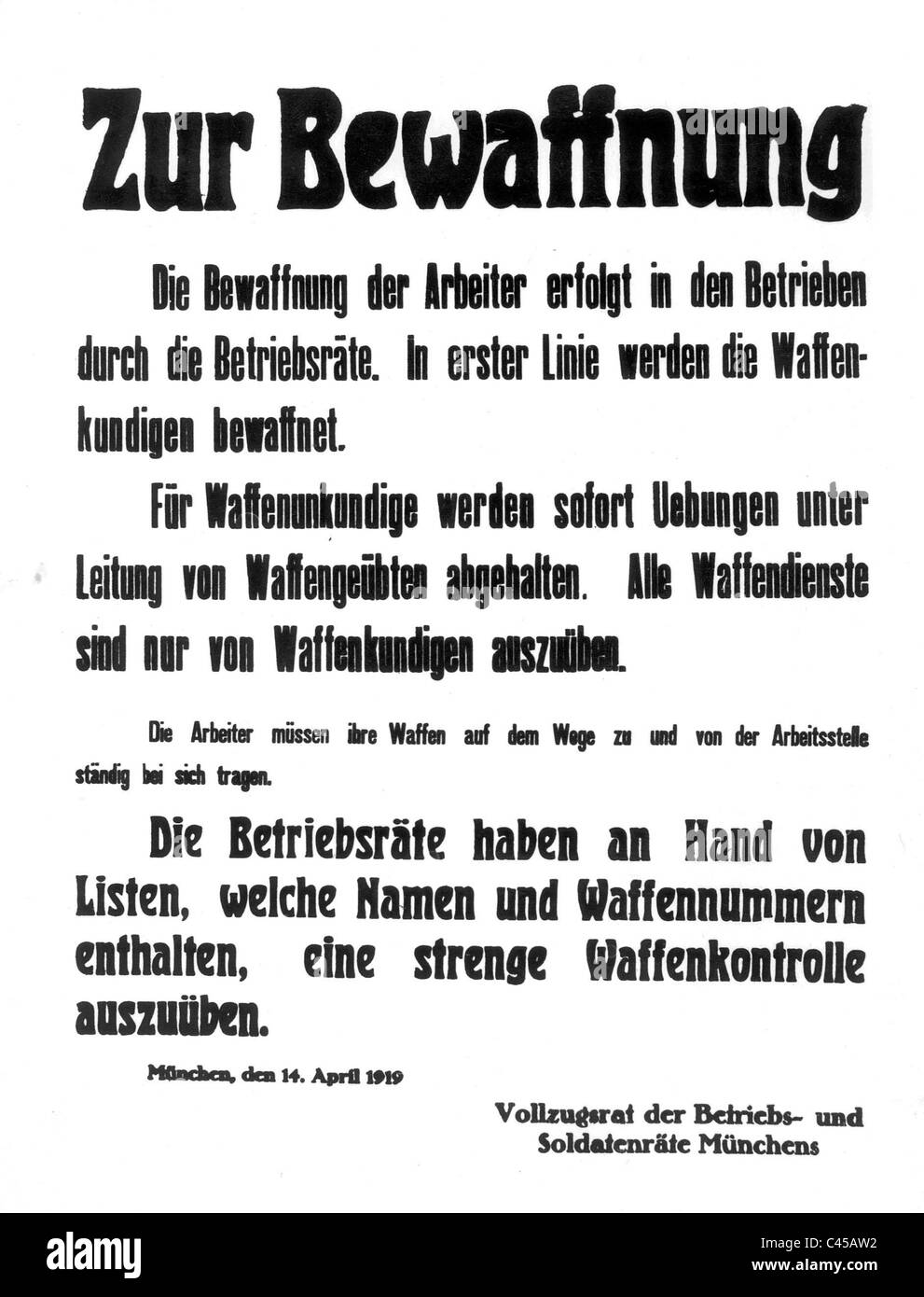 Ankündigung über die Bewaffnung der Arbeiter in München, 1919 Stockfoto