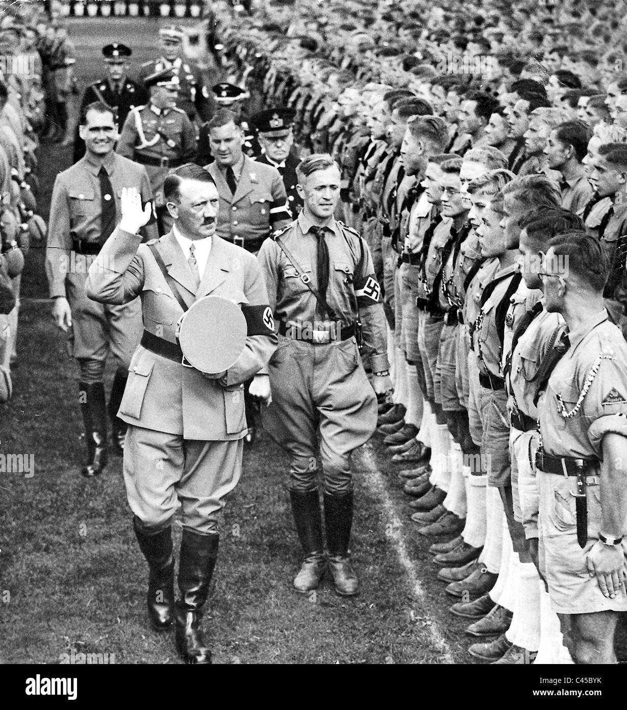 Adolf Hitler, Baldur von Schirach, Rudolf Hess am Reichsparteitag, 1938 Stockfoto
