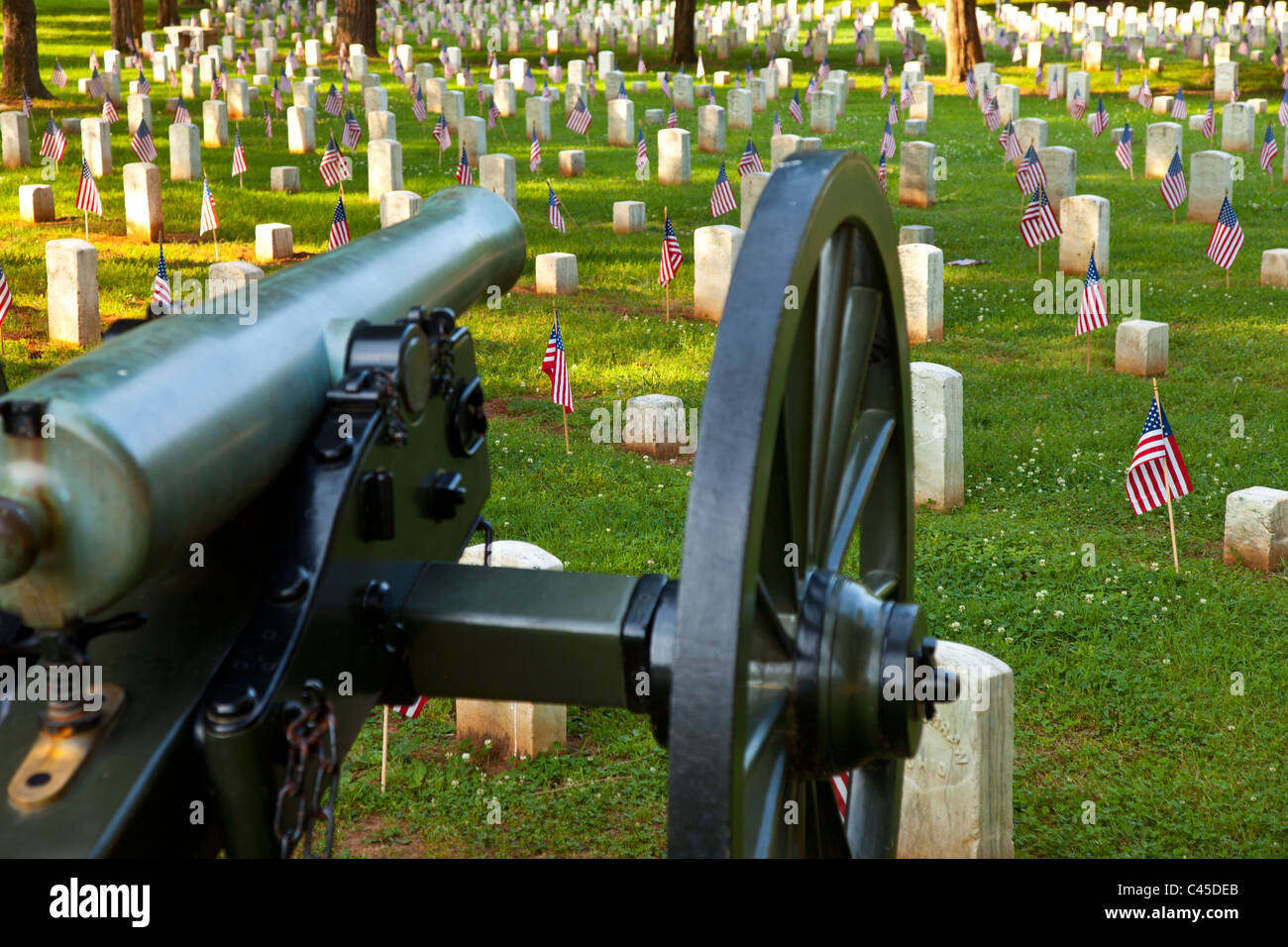 Civil war Cannon steht am Memorial Day auf dem Stones River National Battlefield and Cemetery, Murfreesboro, Tennessee, USA, Wache Stockfoto