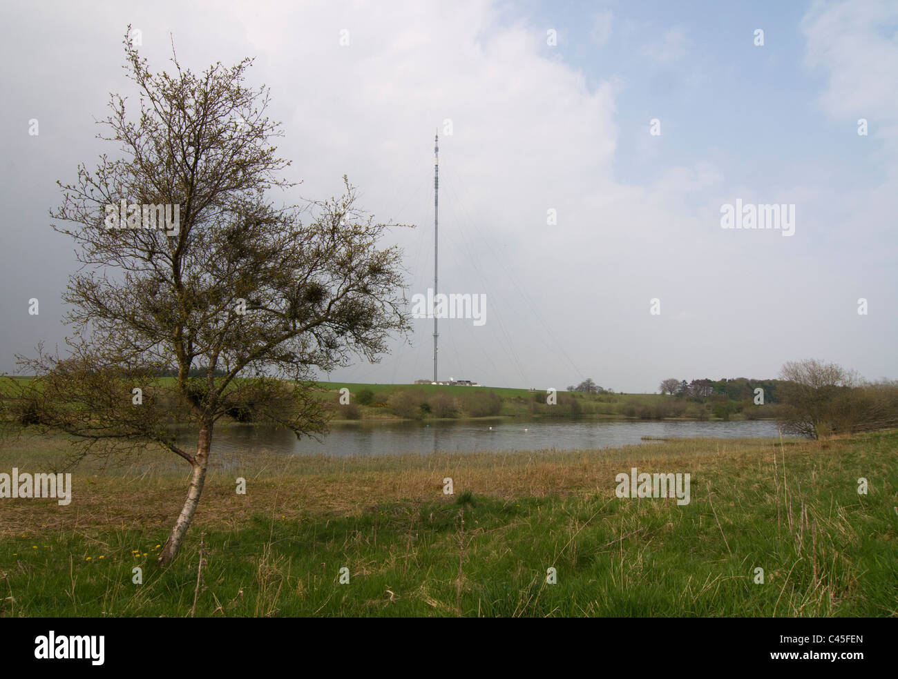 Blick über Lindean Reservoir, Selkirk Fernsehturm Stockfoto