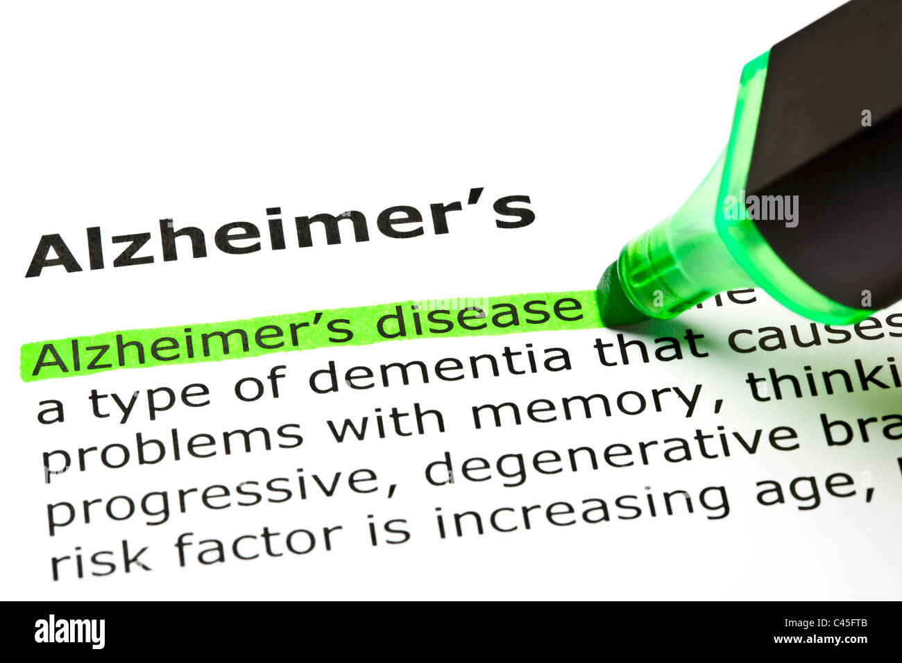 "Alzheimer-Krankheit" grün, unter der Überschrift "Alzheimer" markiert Stockfoto