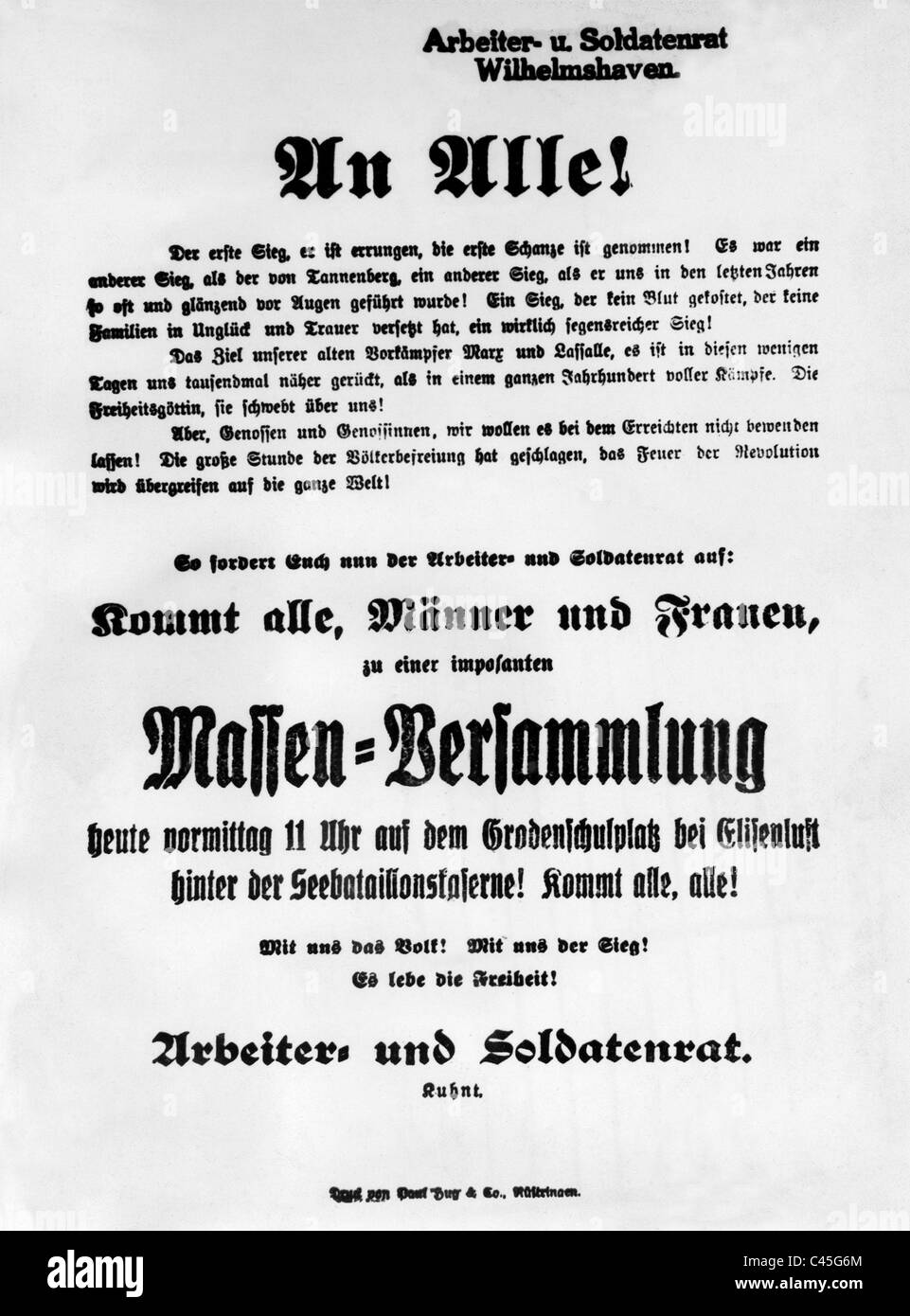 Aufruf der Arbeiter- und Soldatenräte Rat in Wilhelmshaven, 1918 Stockfoto