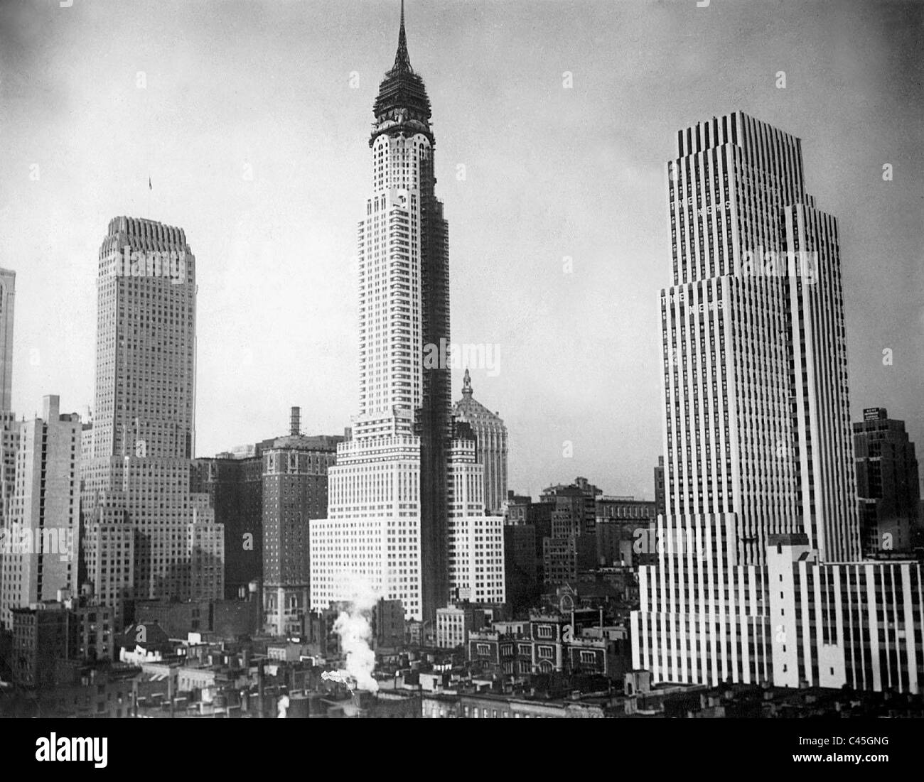Baustelle des Chrysler Gebäudes kurz vor der Fertigstellung, 1930 Stockfoto
