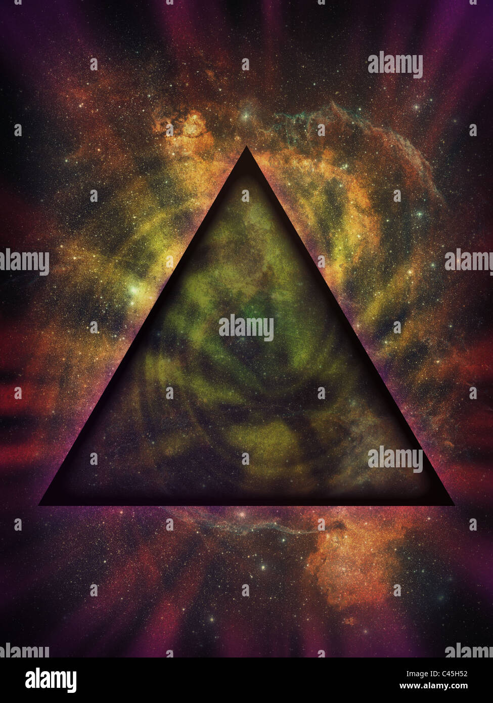 Beispiel für eine ominöse, mystische, schwarzen Dreieck gegen den Nebel und die Sterne eines Weltraum-Hintergrund gesetzt. Stockfoto