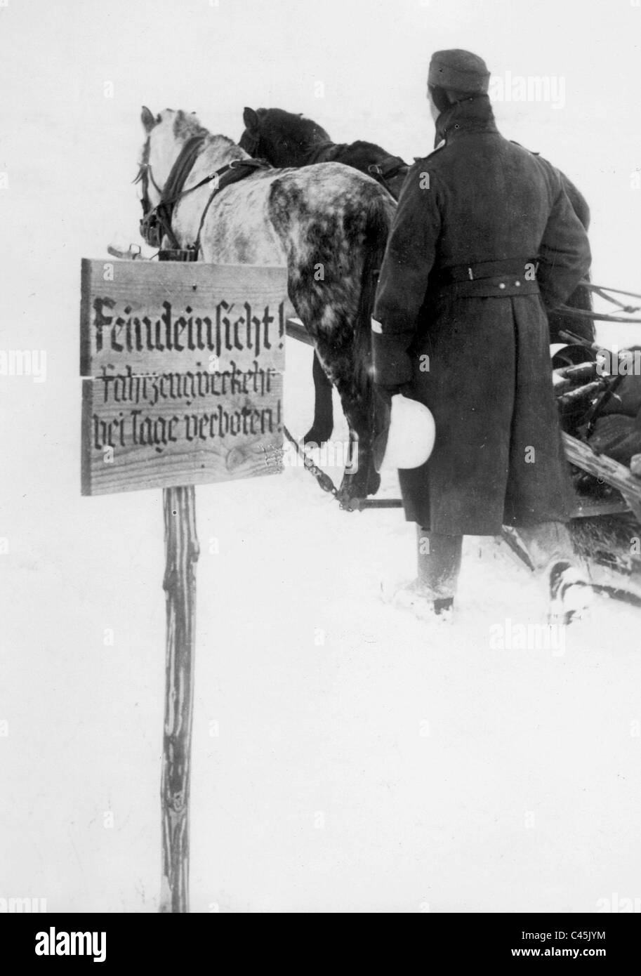 Soldat der US-Streitkräfte mit einem Pferdeschlitten Schlitten an der Ostfront, 1941 Stockfoto