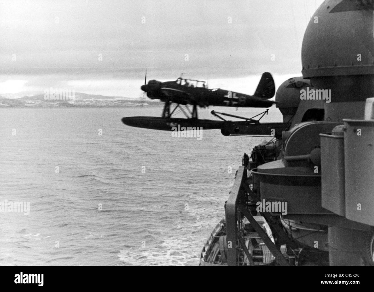 Nehmen Sie von dem Schiff Flugzeug von der "Scharnhorst" Stockfoto