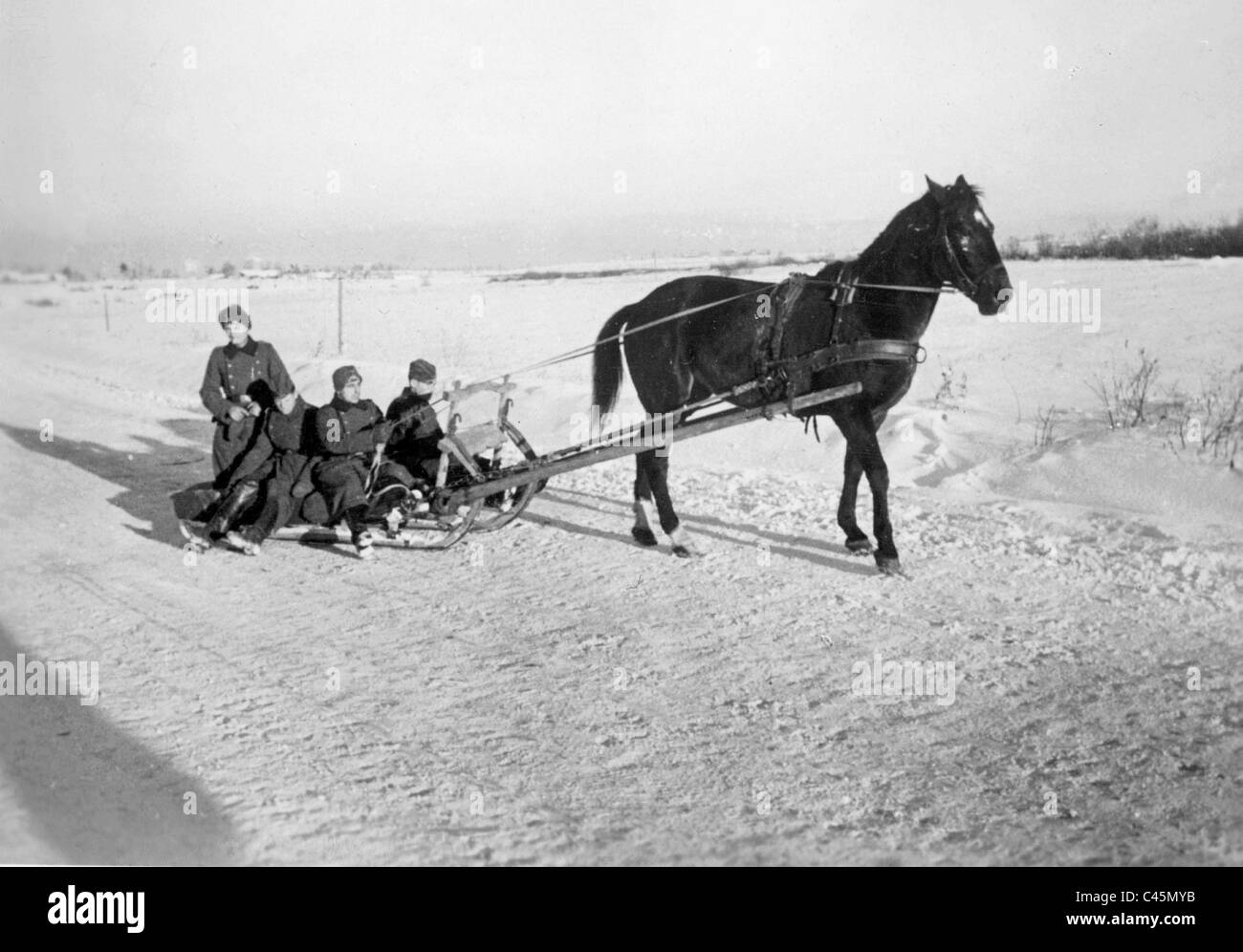 Deutsche Soldaten auf einer Pferdekutsche an der Ostfront, 1941 Stockfoto