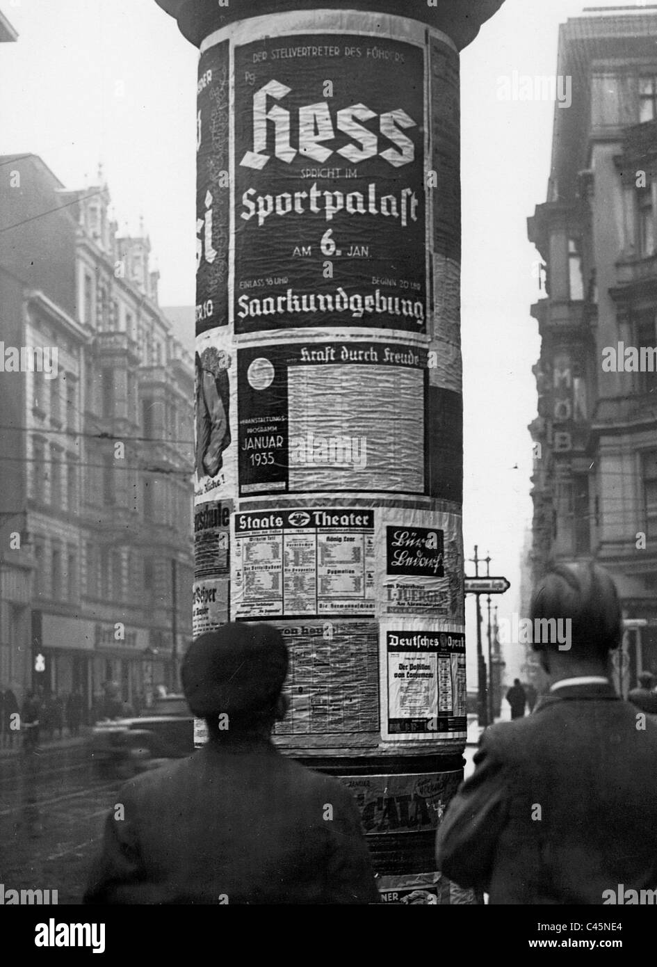 Plakat für die Saar-Kundgebung im Berliner Sportpalast mit dem Lautsprecher Rudolf Hess, 1935 Stockfoto