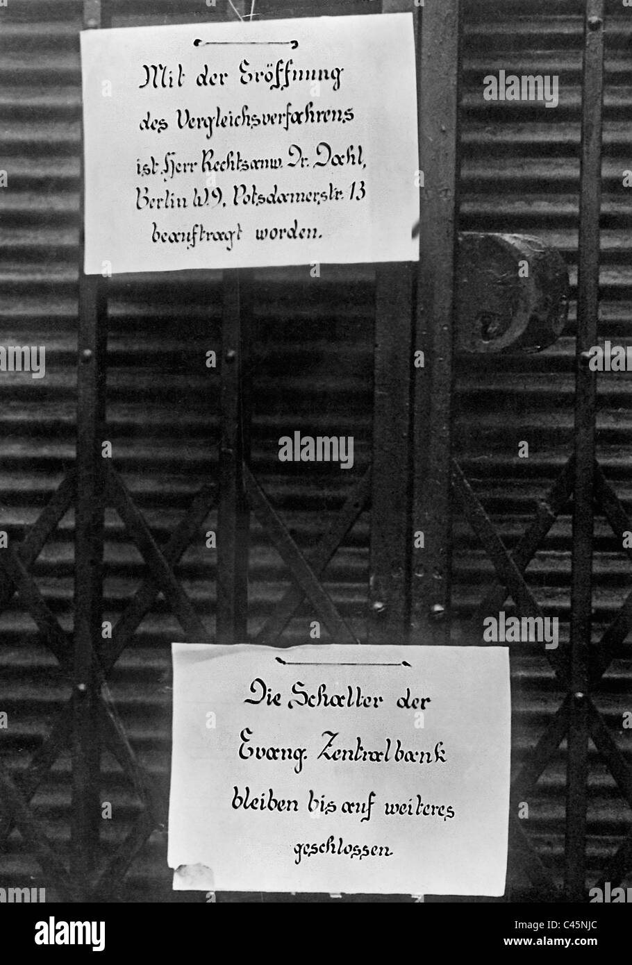 Geschlossen Zweig der evangelischen Zentralbank in Berlin, 1931 Stockfoto