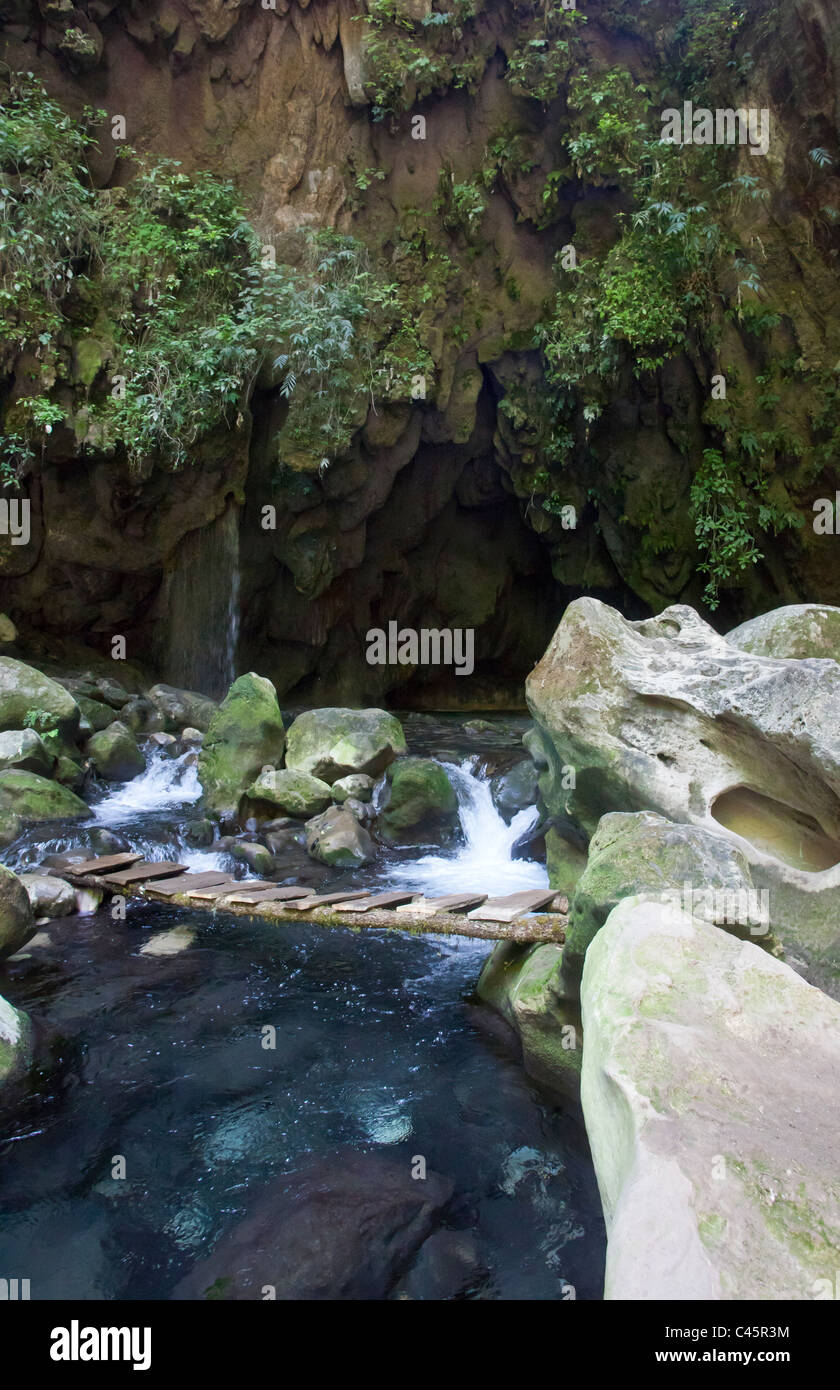 Eine rustikale Brücke über eine Kaskade an Puente de Dios in der Sierra Gorda Bergen, in der Nähe von Pinal de Amoles, Queretaro, Mexiko Stockfoto