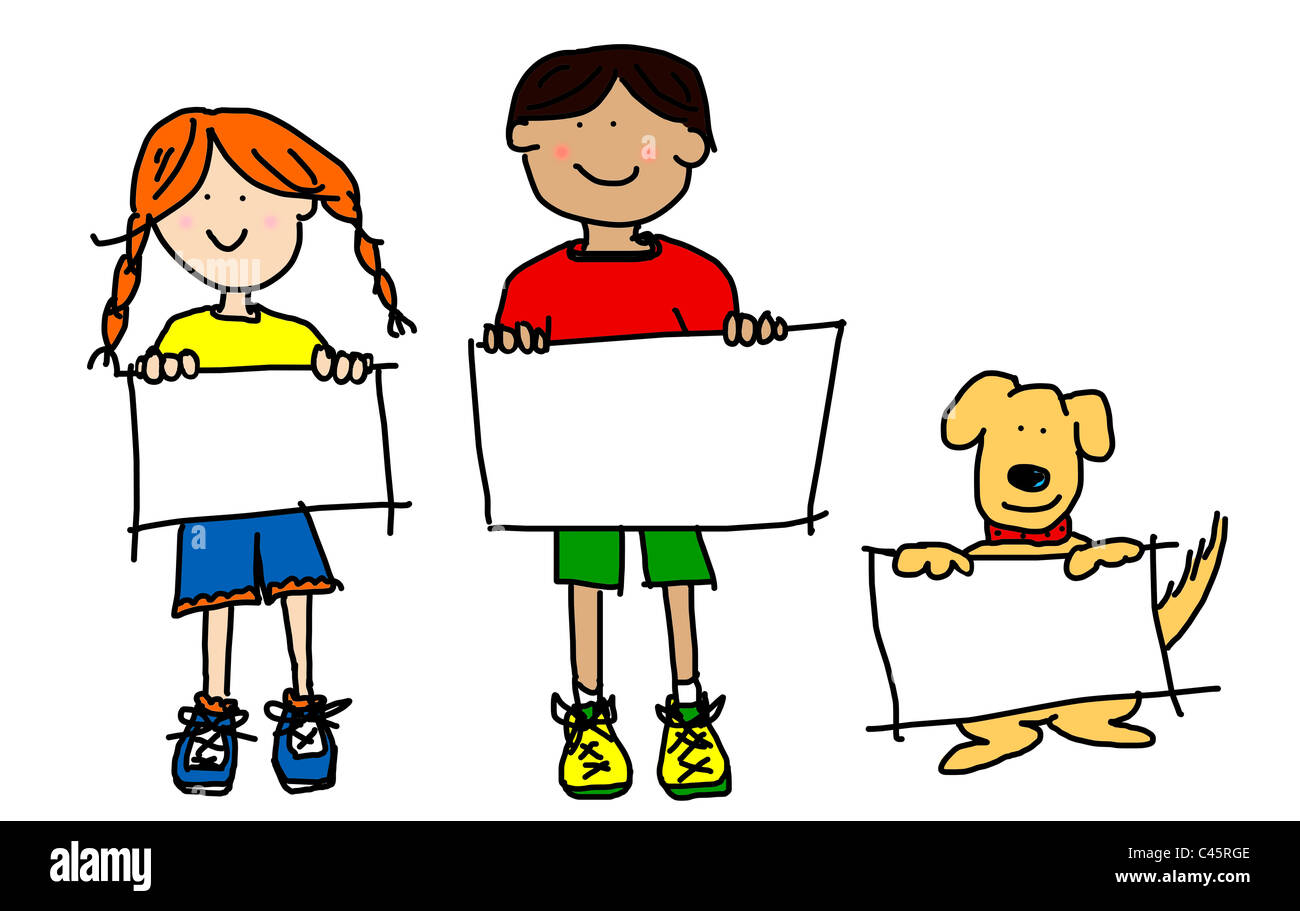 Großen Comic-Figuren: Simplisticand bunten Strichzeichnungen von zwei lachende Kinder und ihr Hund hält leere Pinnwand Stockfoto