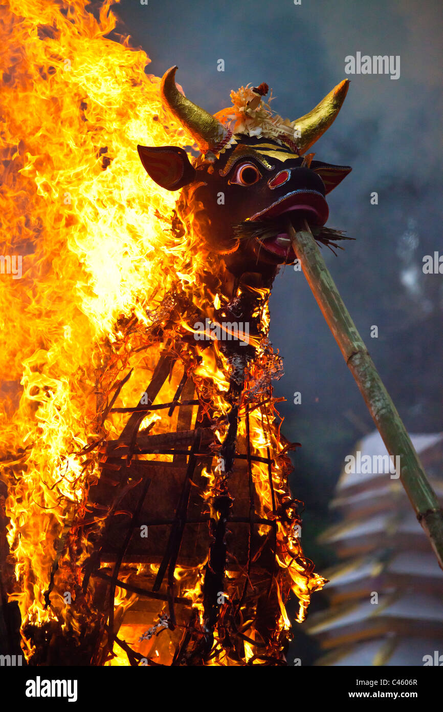Ein Hindu Stil FEUERBESTATTUNG, wo die Leiche, im Inneren eines hölzernen Bull - UBUD, BALI, Indonesien verbrannt wird Stockfoto