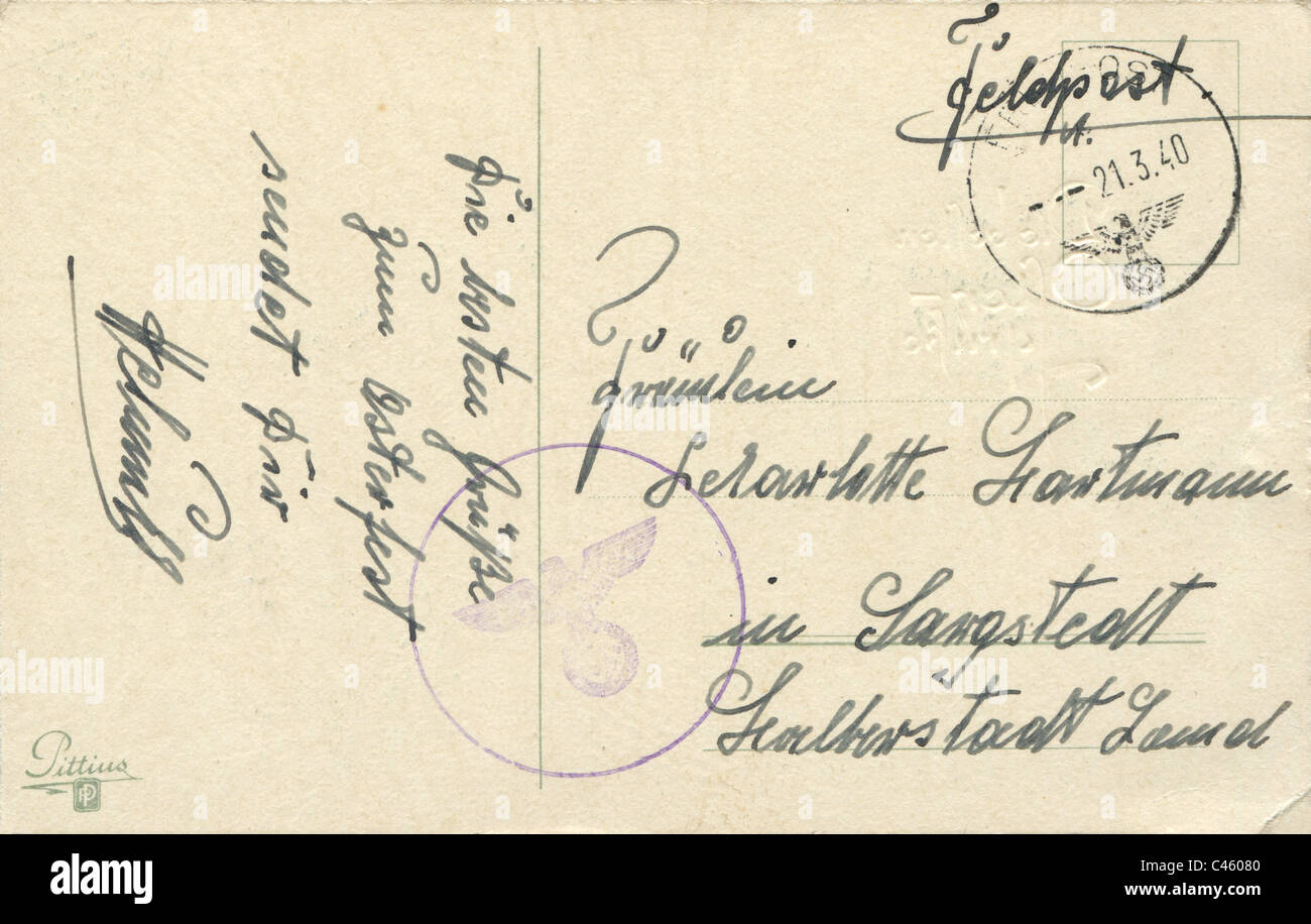 Deutschland 1940: Die alte Nutzung und frankierten Postkarte von hand geschrieben Militärposten. Stockfoto