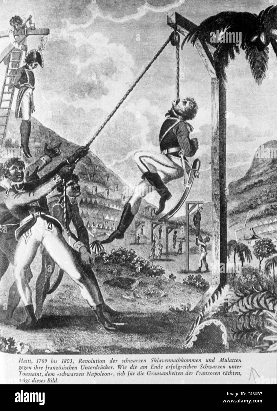 Rebellische Sklaven hängen ihre weißen Meister Stockfoto