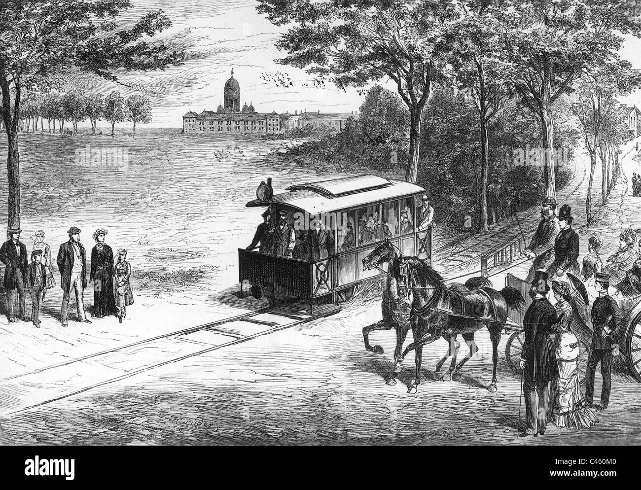 Die erste elektrische Straßenbahn, 1881 Stockfoto