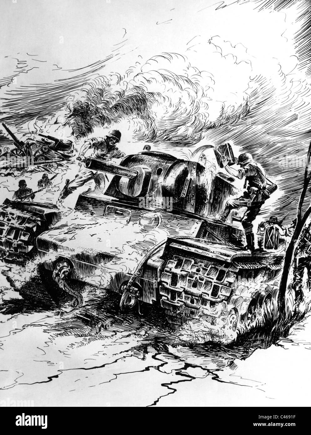 Deutsche Soldaten zerstören Panzer der Roten Armee an der Ostfront während des zweiten Weltkrieges (Litho) Stockfoto