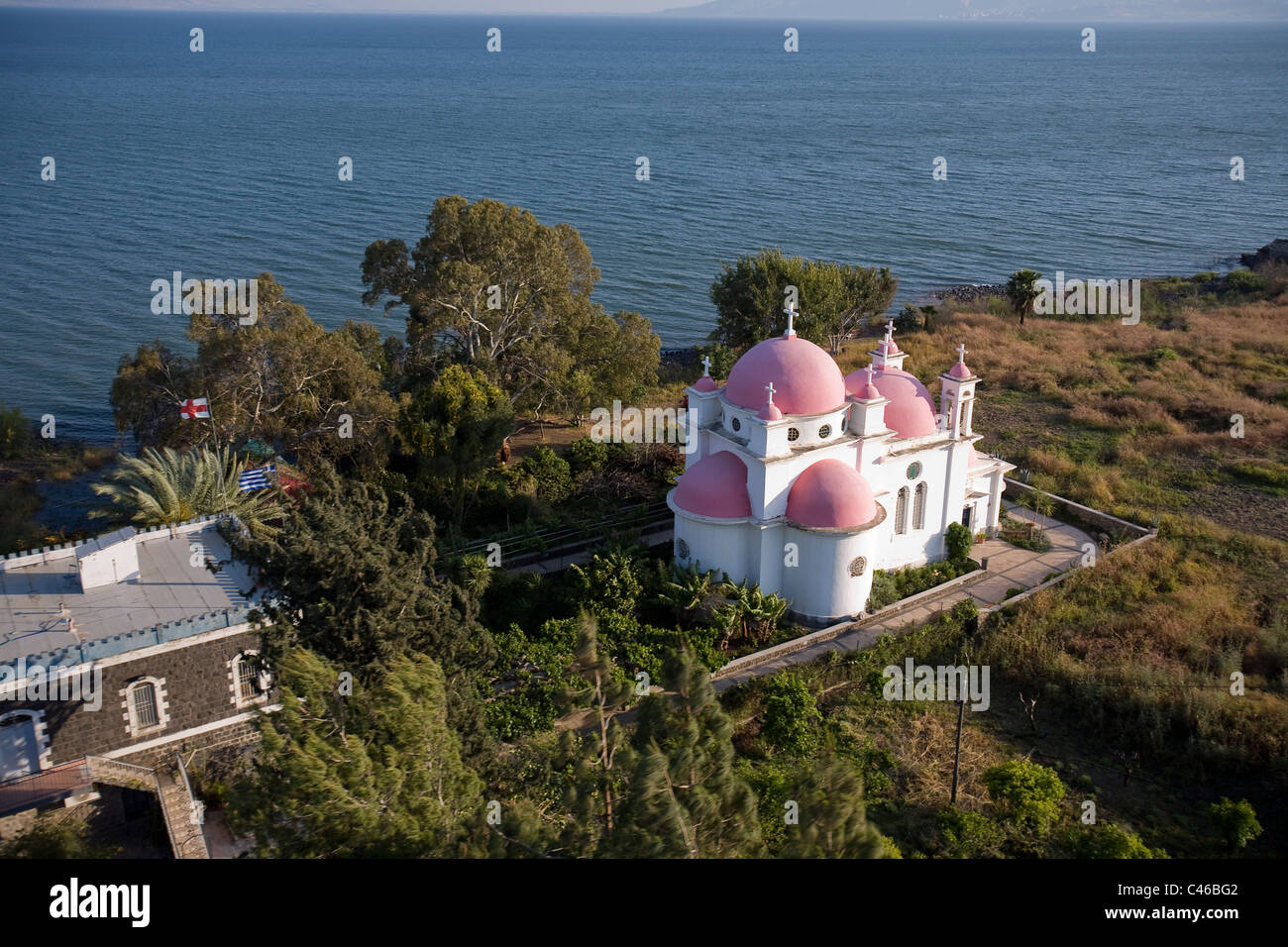 Luftaufnahme von der griechisch-orthodoxen Kirche in der Nähe vom See Genezareth Stockfoto