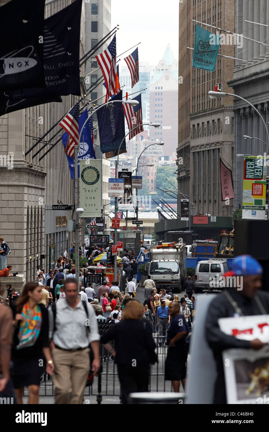 Die Wall Street Gegend in New Yorks Finanzdistrikt befindet sich der New Yorker Börse. Stockfoto