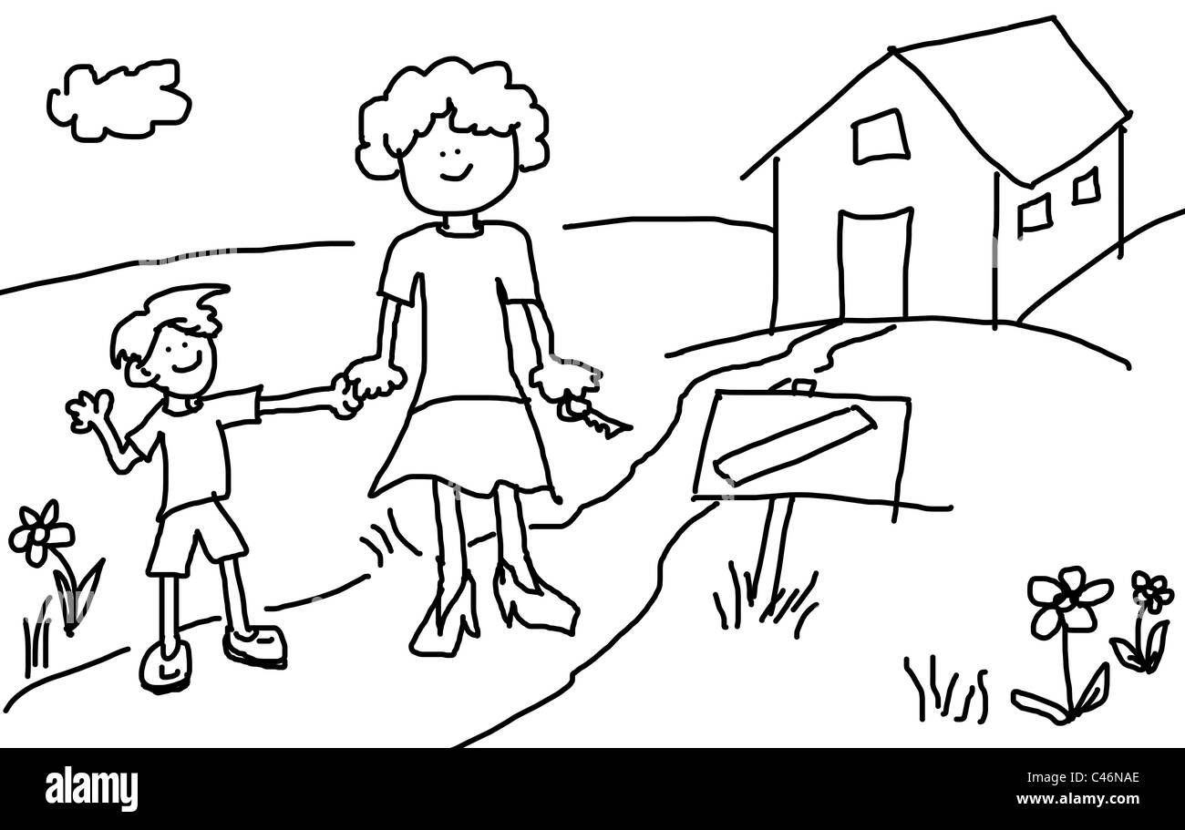 Große kindliche Comic-Figuren: Mutter und Sohn glücklich vor ihrem neuen Haus mit leere Schild an der Straße Stockfoto