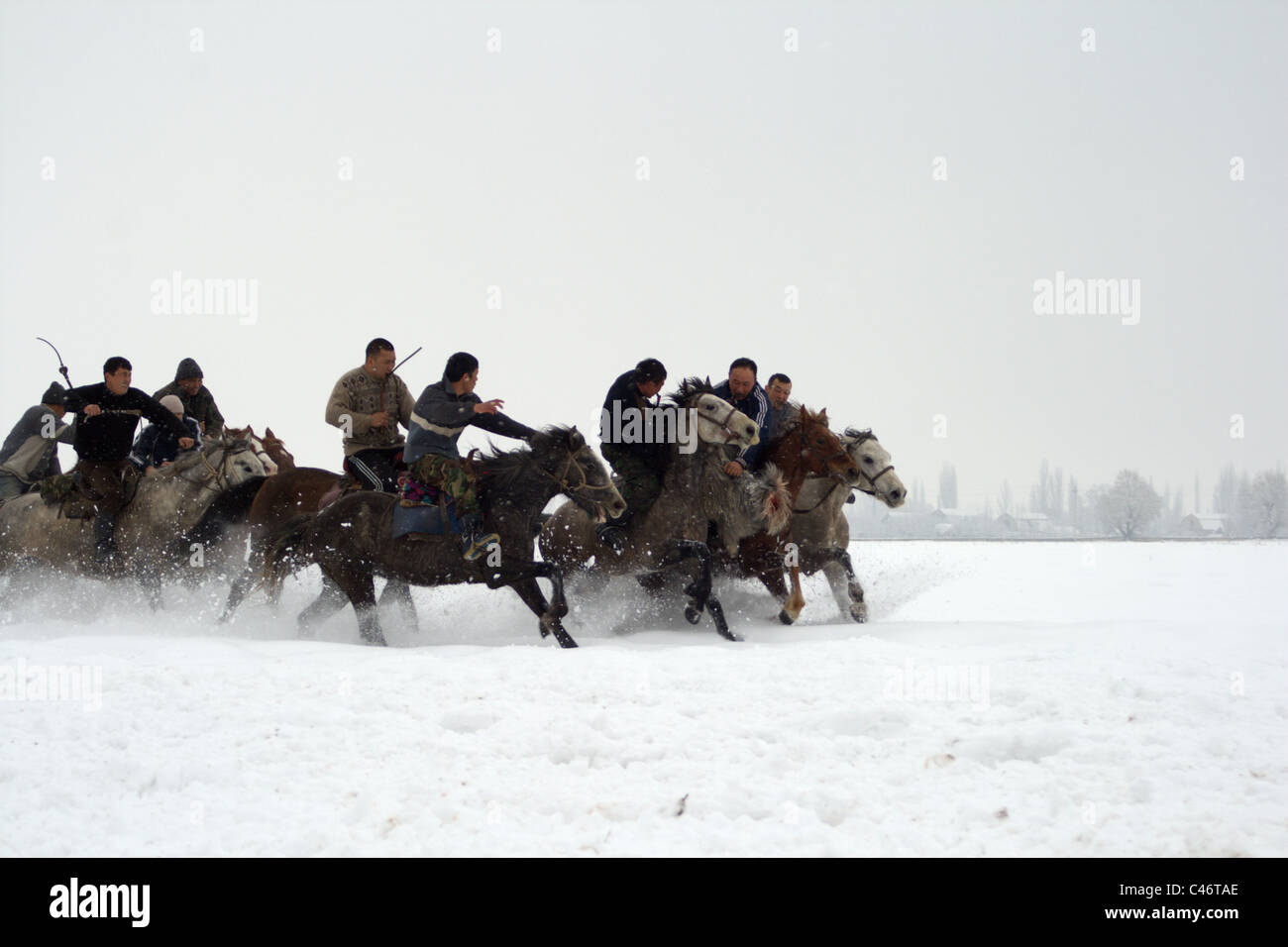 Laufende Reiter, Ulak Spieler auf dem Schnee, Kirgisistan Stockfoto