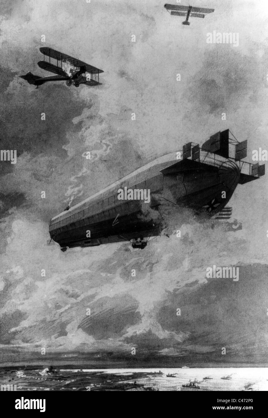 Feindliche Flugzeuge Angriff deutscher zeppelin Stockfoto