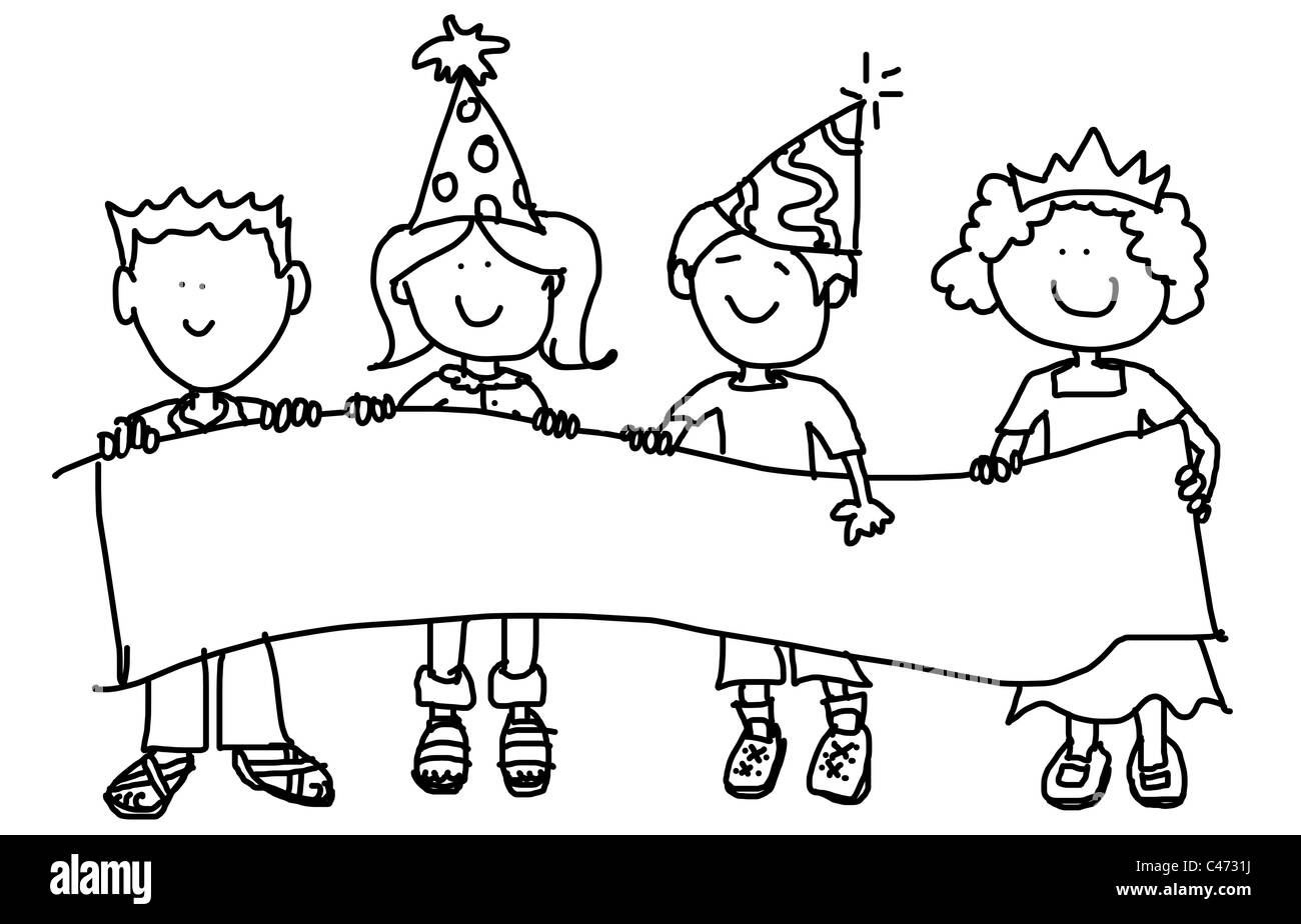 Große kindliche Comic-Figuren: kleine Kinder, jungen und Mädchen, halten einen großen leeren Banner und tragen party Hüte. Stockfoto