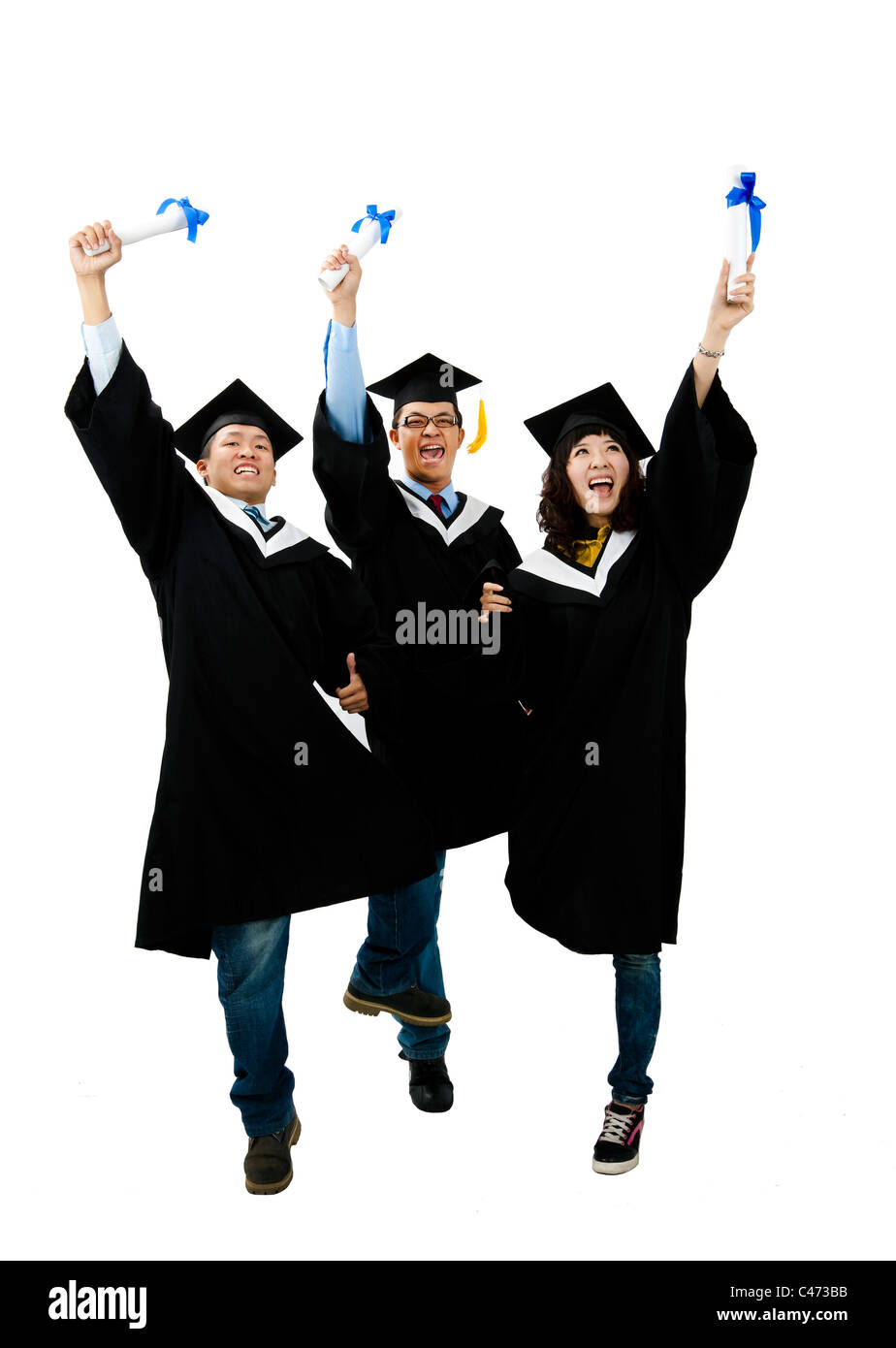 Graduierung Studentengruppe isoliert auf weißem Hintergrund Stockfoto