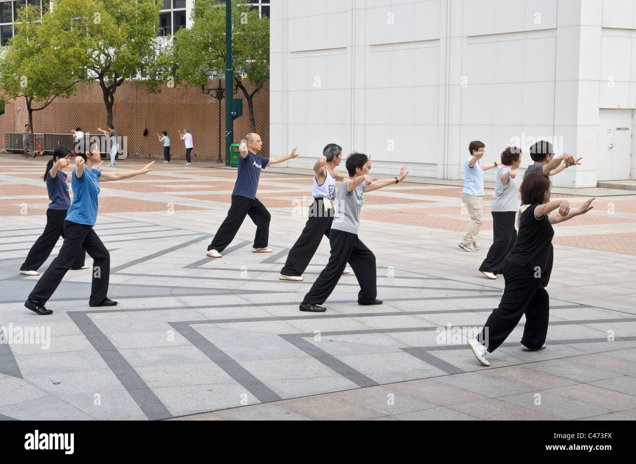 Menschen Sie praktizieren Tai Chi in einer kleinen Gruppe, Kowloon Park, Hong Kong, China Stockfoto