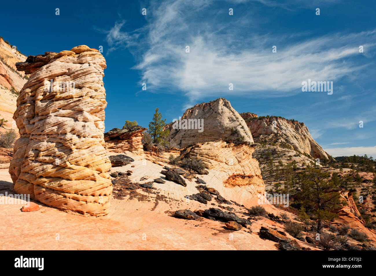 Die Ostseite des Zion National Park in Utah enthält viele Navajo Sandstein Monolithen und erodierten geformten Hoodoos. Stockfoto